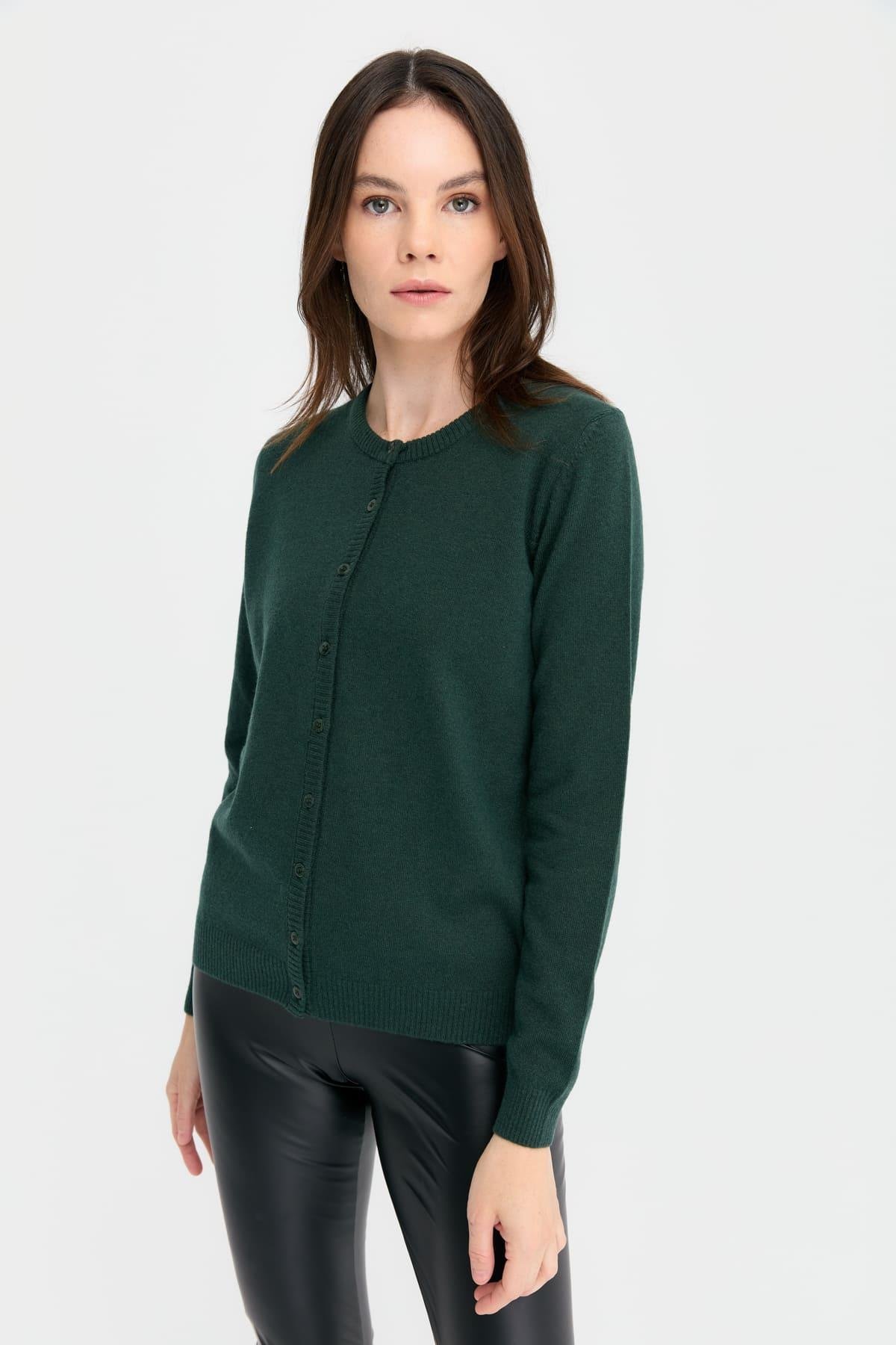 21031Kadın Sıfır Yaka Triko Ceket Yeşil