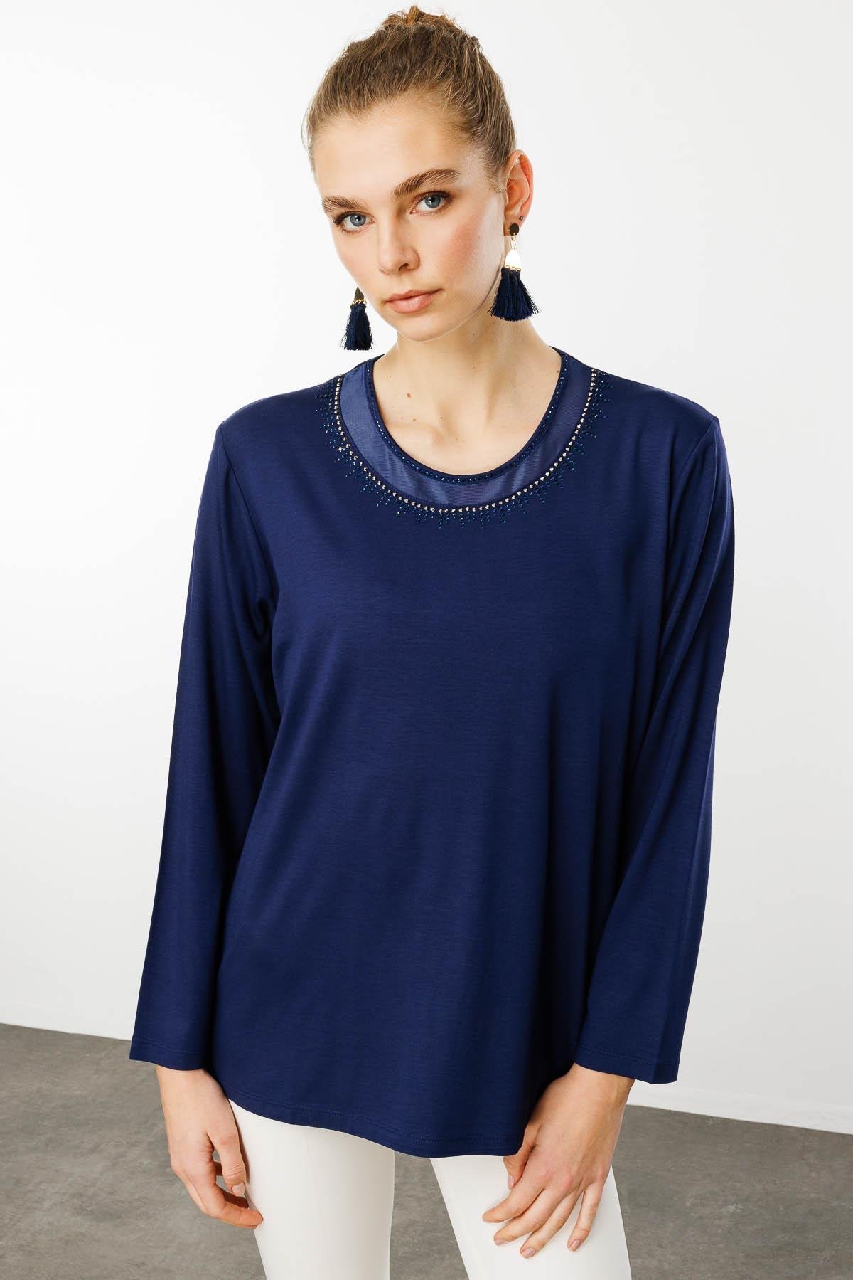 25752Kadın Sıfır Yaka Tül Şeritli Penye Bluz Lacivert