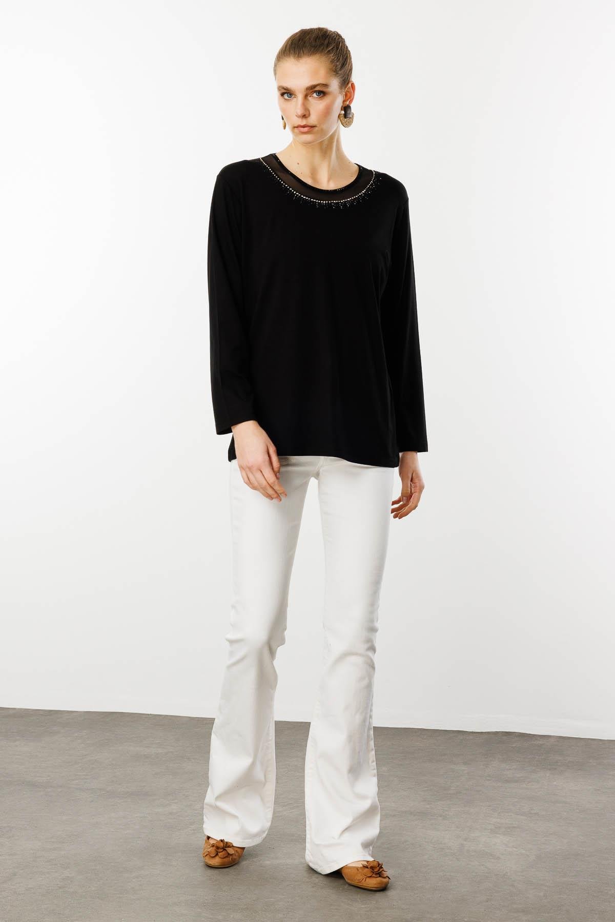 25752Kadın Sıfır Yaka Tül Şeritli Penye Bluz Siyah