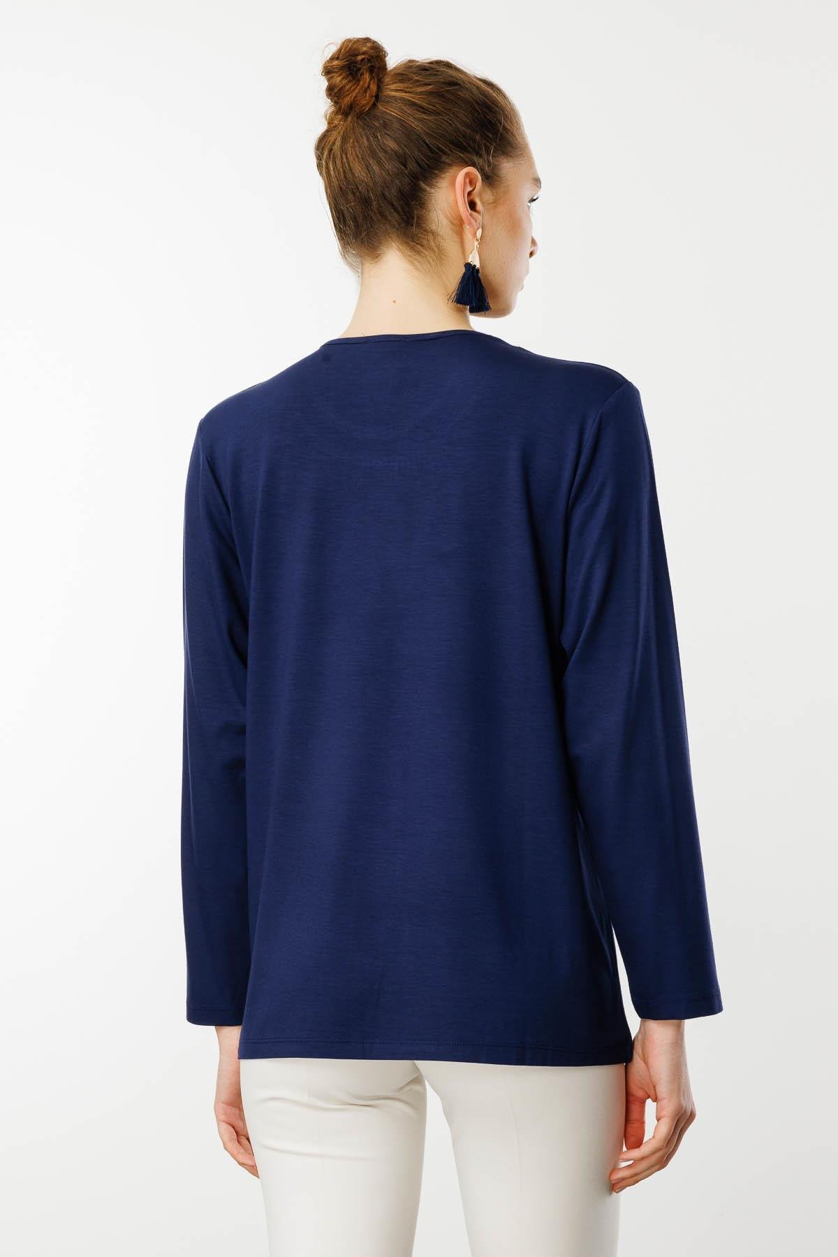 25752Kadın Sıfır Yaka Tül Şeritli Penye Bluz Lacivert