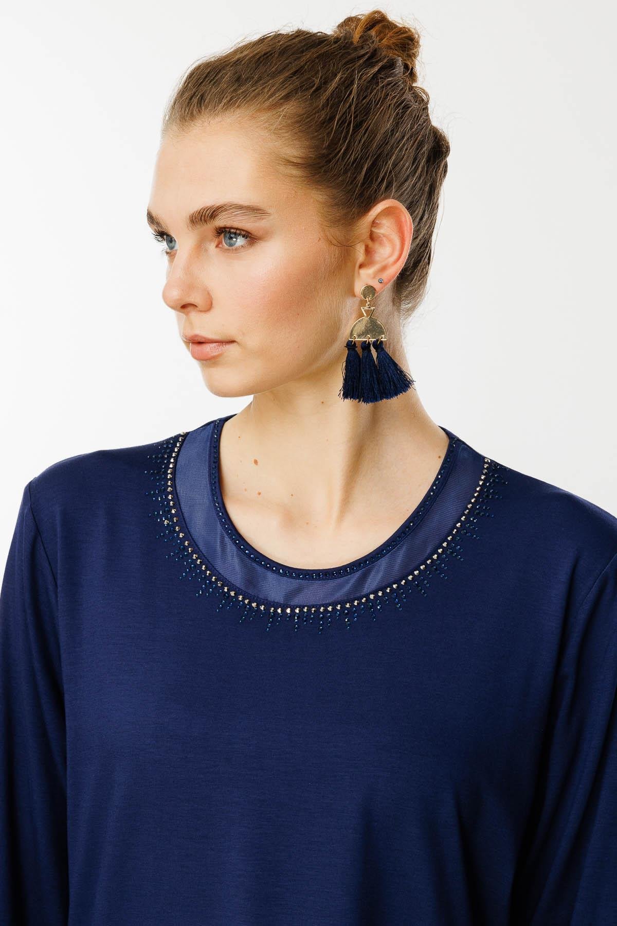 25752Kadın Sıfır Yaka Tül Şeritli Penye Bluz Lacivert