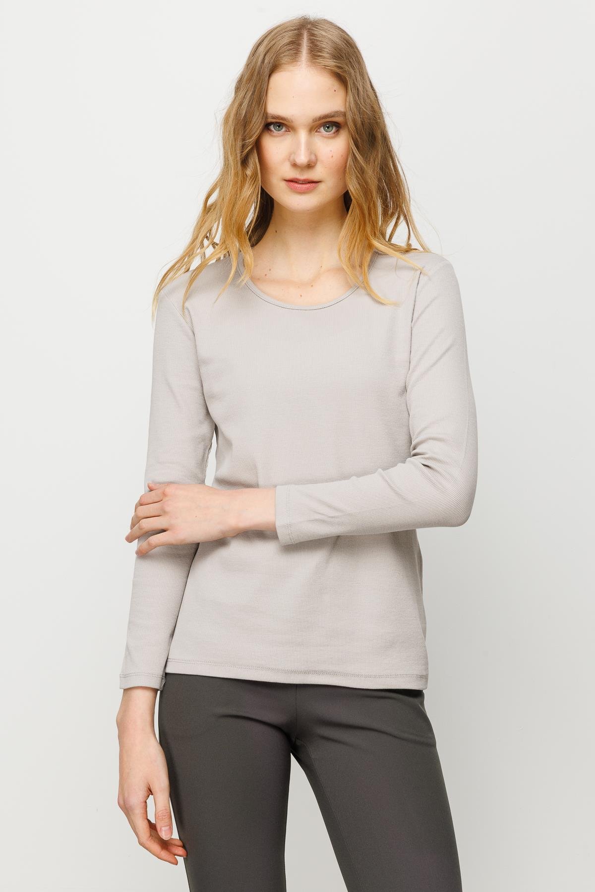 23756Kadın Sıfır Yaka Uzun Kol Basic Pamuklu Bluz Taş