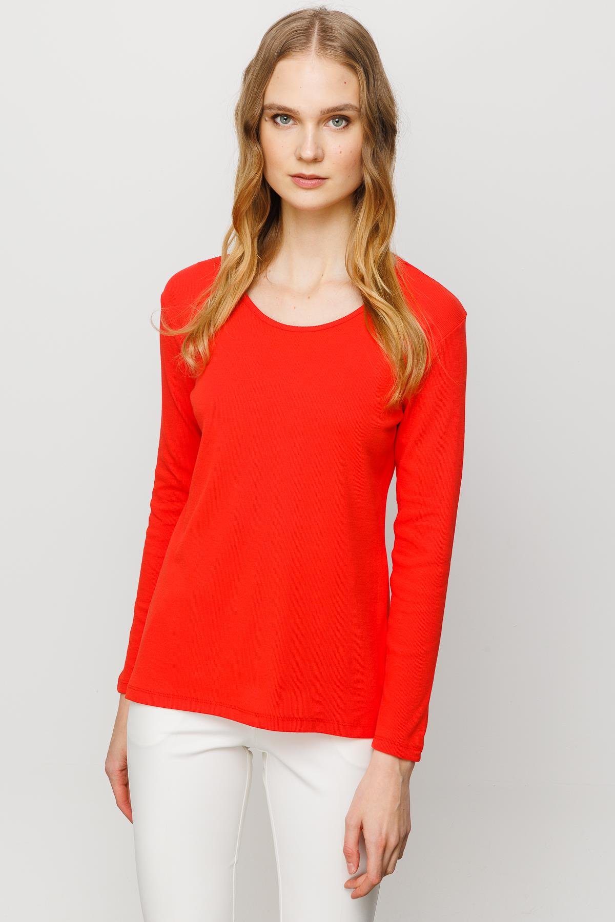 23756Kadın Sıfır Yaka Uzun Kol Basic Pamuklu Bluz Oranj