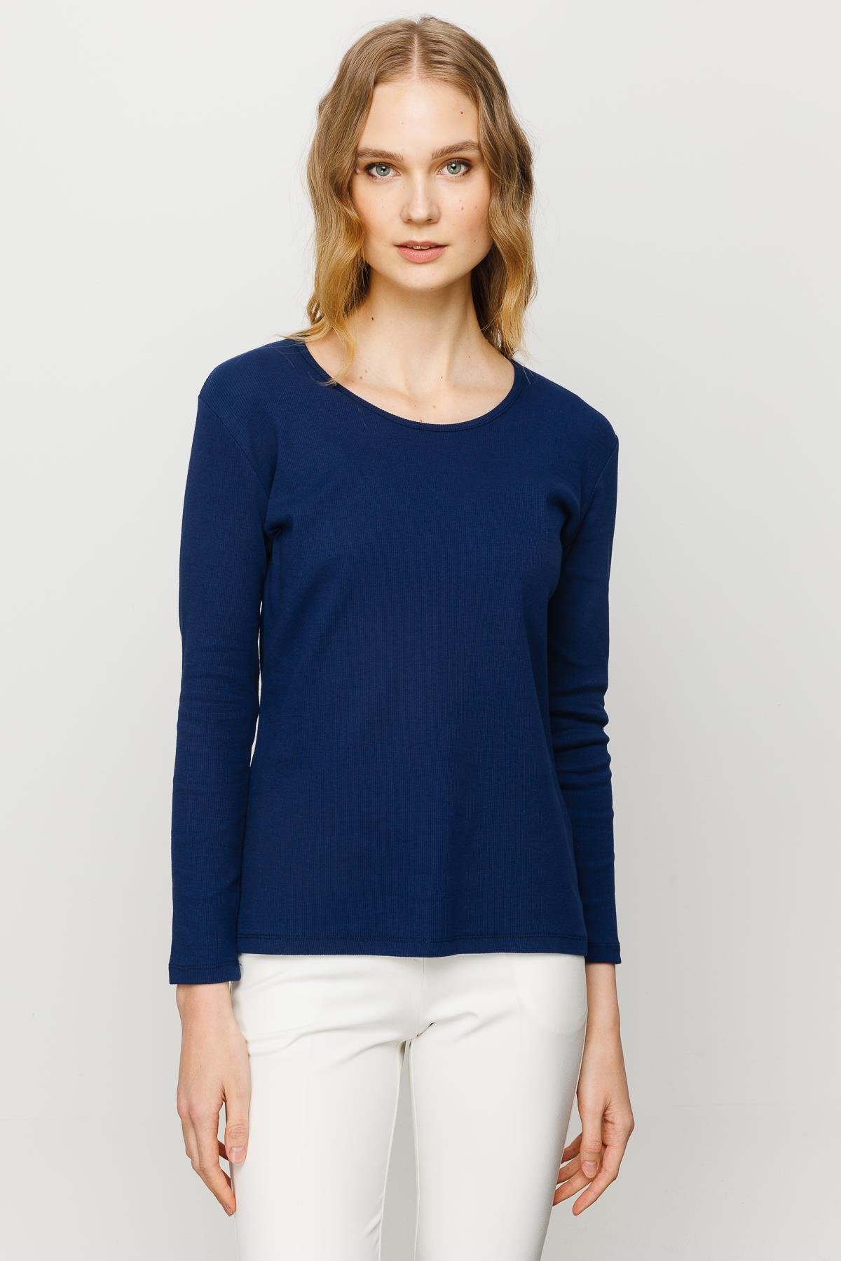 23756Kadın Sıfır Yaka Uzun Kol Basic Pamuklu Bluz Lacivert