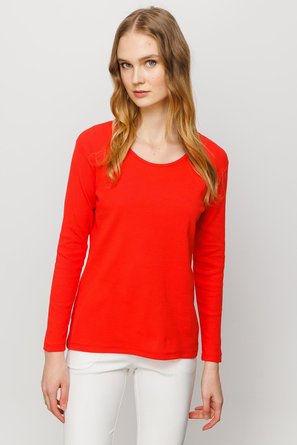 23756Kadın Sıfır Yaka Uzun Kol Basic Pamuklu Bluz Oranj