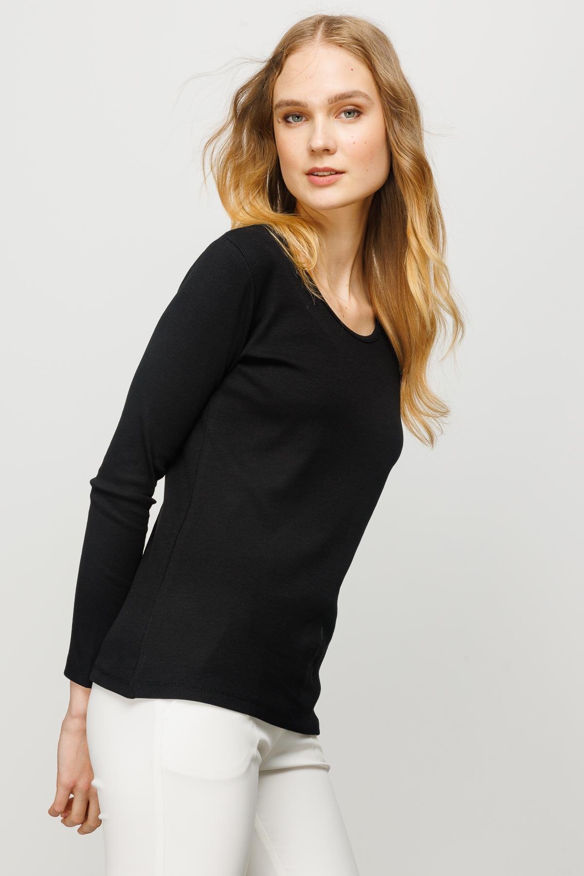 23756Kadın Sıfır Yaka Uzun Kol Basic Pamuklu Bluz Siyah