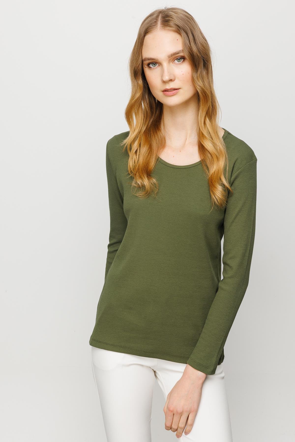 23756Kadın Sıfır Yaka Uzun Kol Basic Pamuklu Bluz Haki