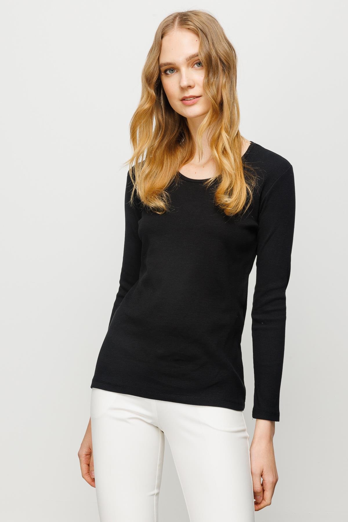 23756Kadın Sıfır Yaka Uzun Kol Basic Pamuklu Bluz Siyah
