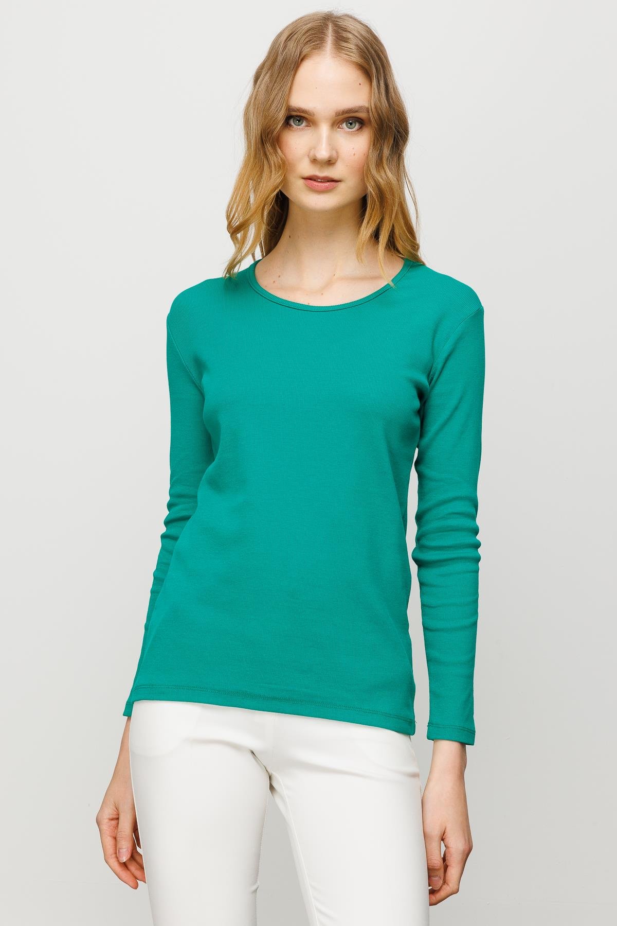 23756Kadın Sıfır Yaka Uzun Kol Basic Pamuklu Bluz Yeşil