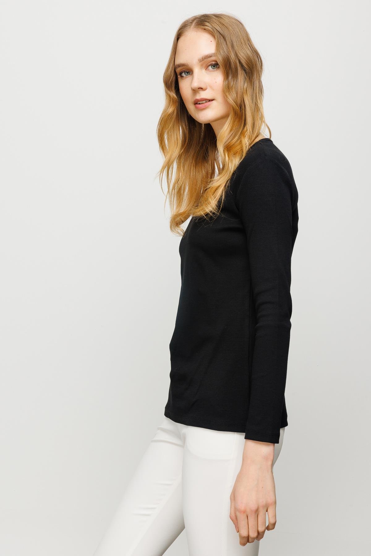 23756Kadın Sıfır Yaka Uzun Kol Basic Pamuklu Bluz Siyah