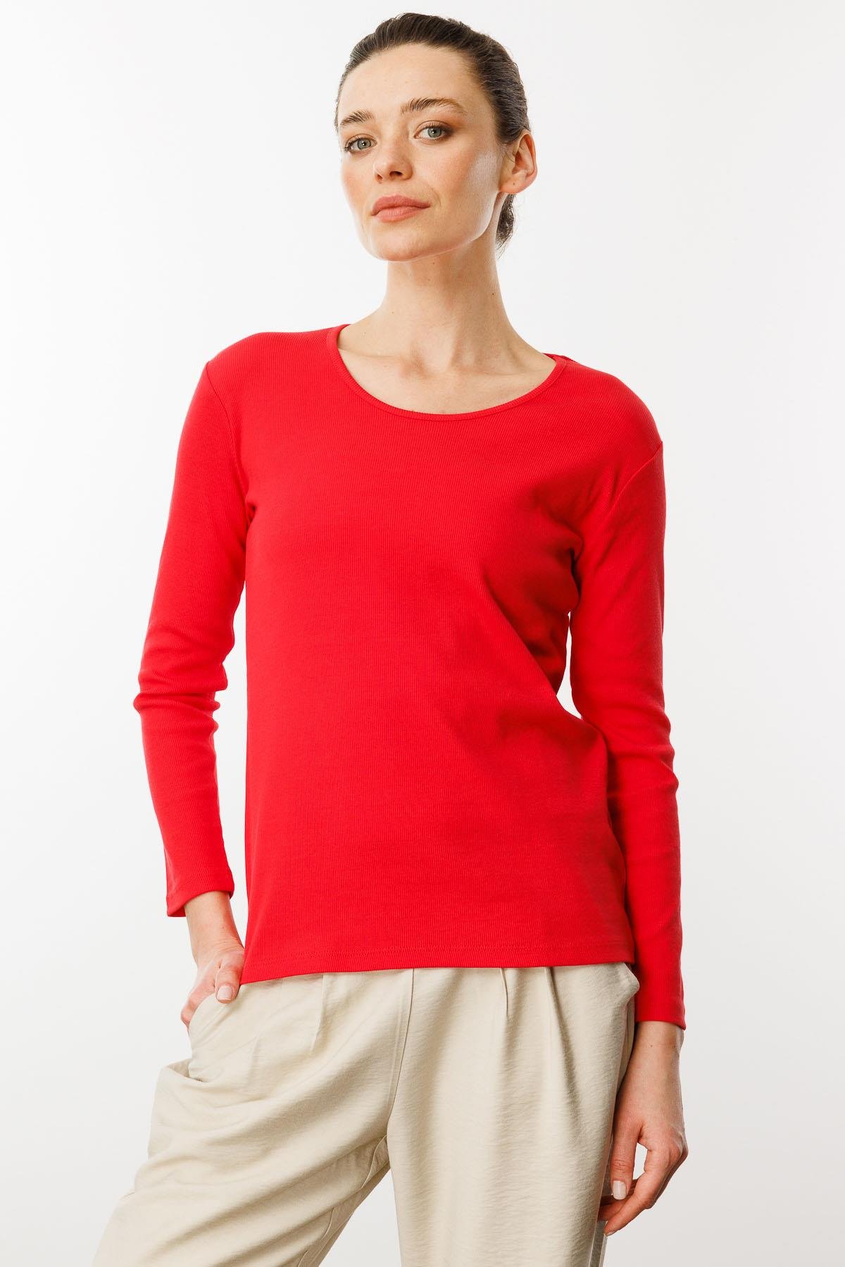 23756Kadın Sıfır Yaka Uzun Kol Basic Pamuklu Bluz Kırmızı