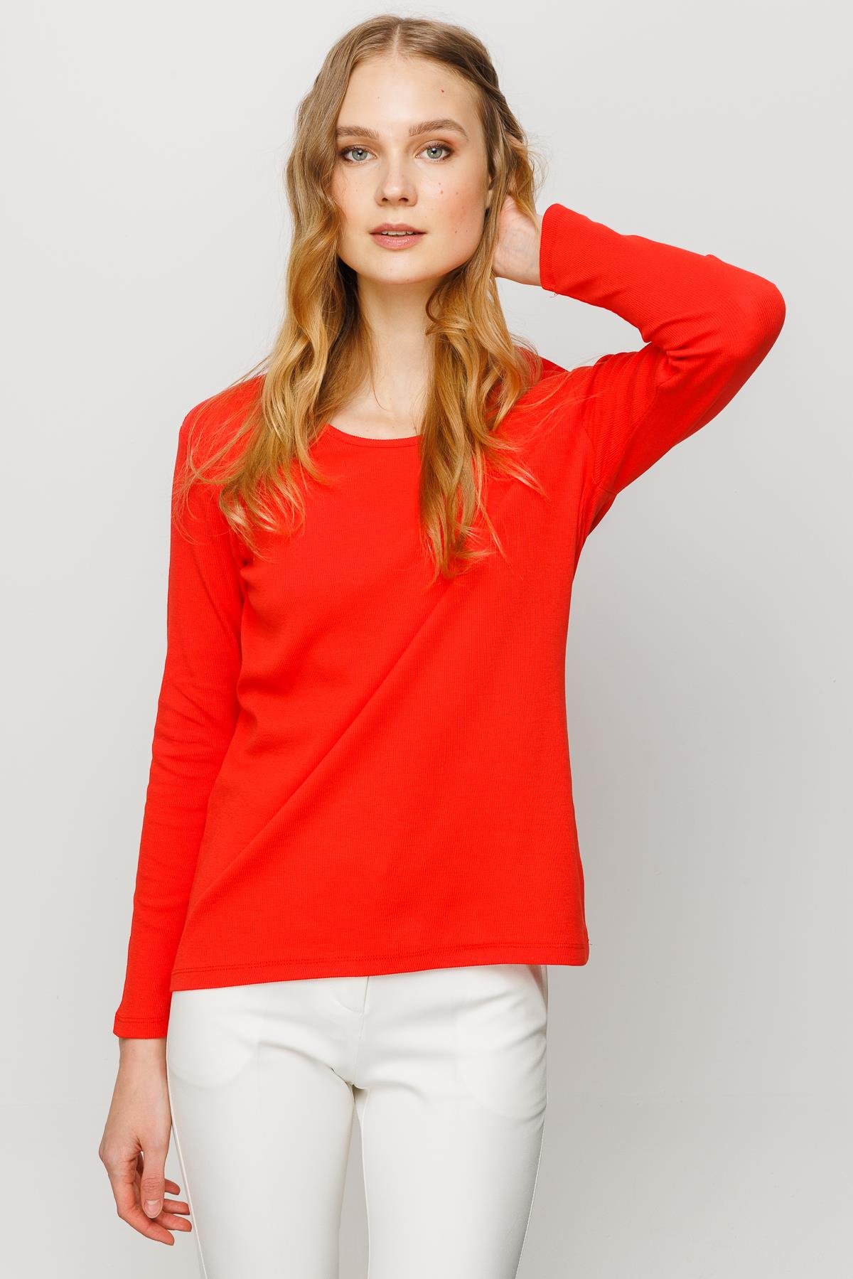 23756Kadın Sıfır Yaka Uzun Kol Basic Pamuklu Bluz Oranj