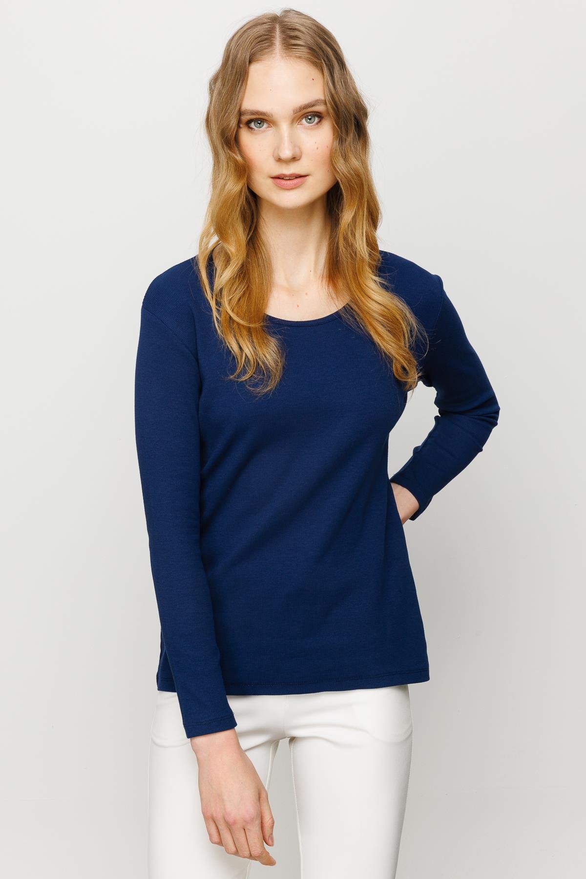 23756Kadın Sıfır Yaka Uzun Kol Basic Pamuklu Bluz Lacivert