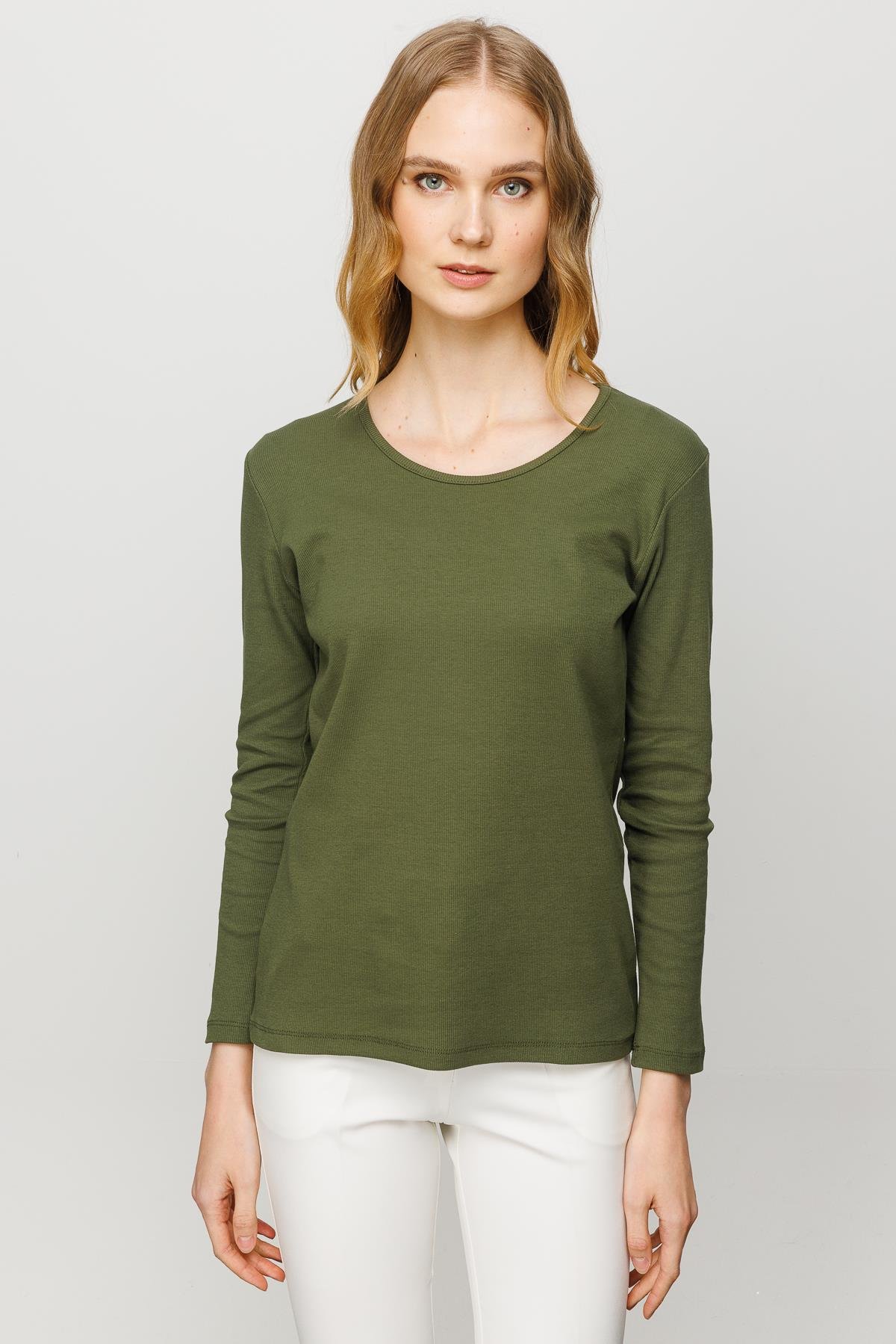 23756Kadın Sıfır Yaka Uzun Kol Basic Pamuklu Bluz Haki