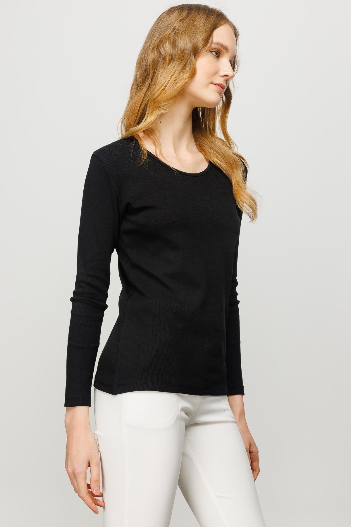 23756Kadın Sıfır Yaka Uzun Kol Basic Pamuklu Bluz Siyah