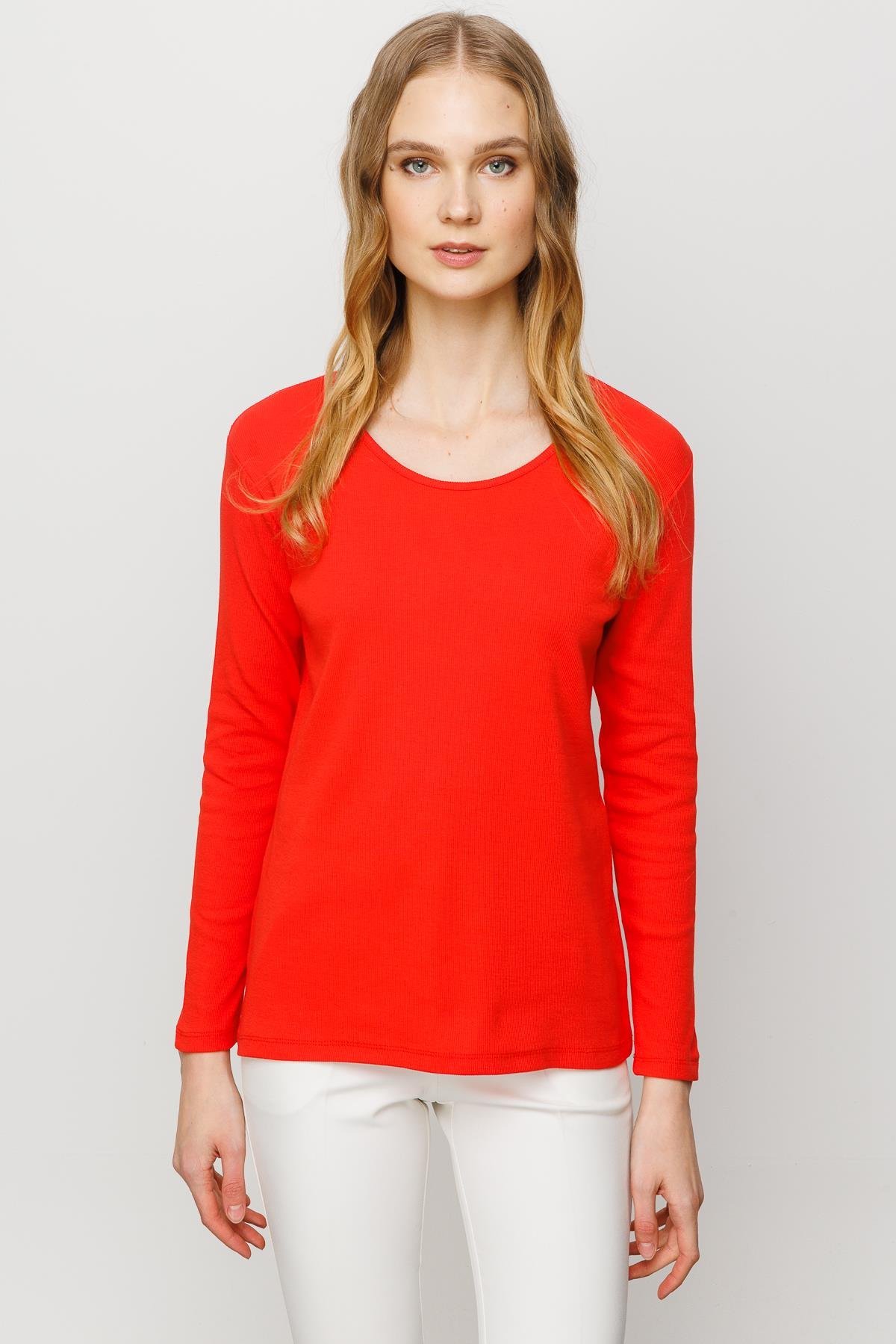 23756Kadın Sıfır Yaka Uzun Kol Basic Pamuklu Bluz Oranj