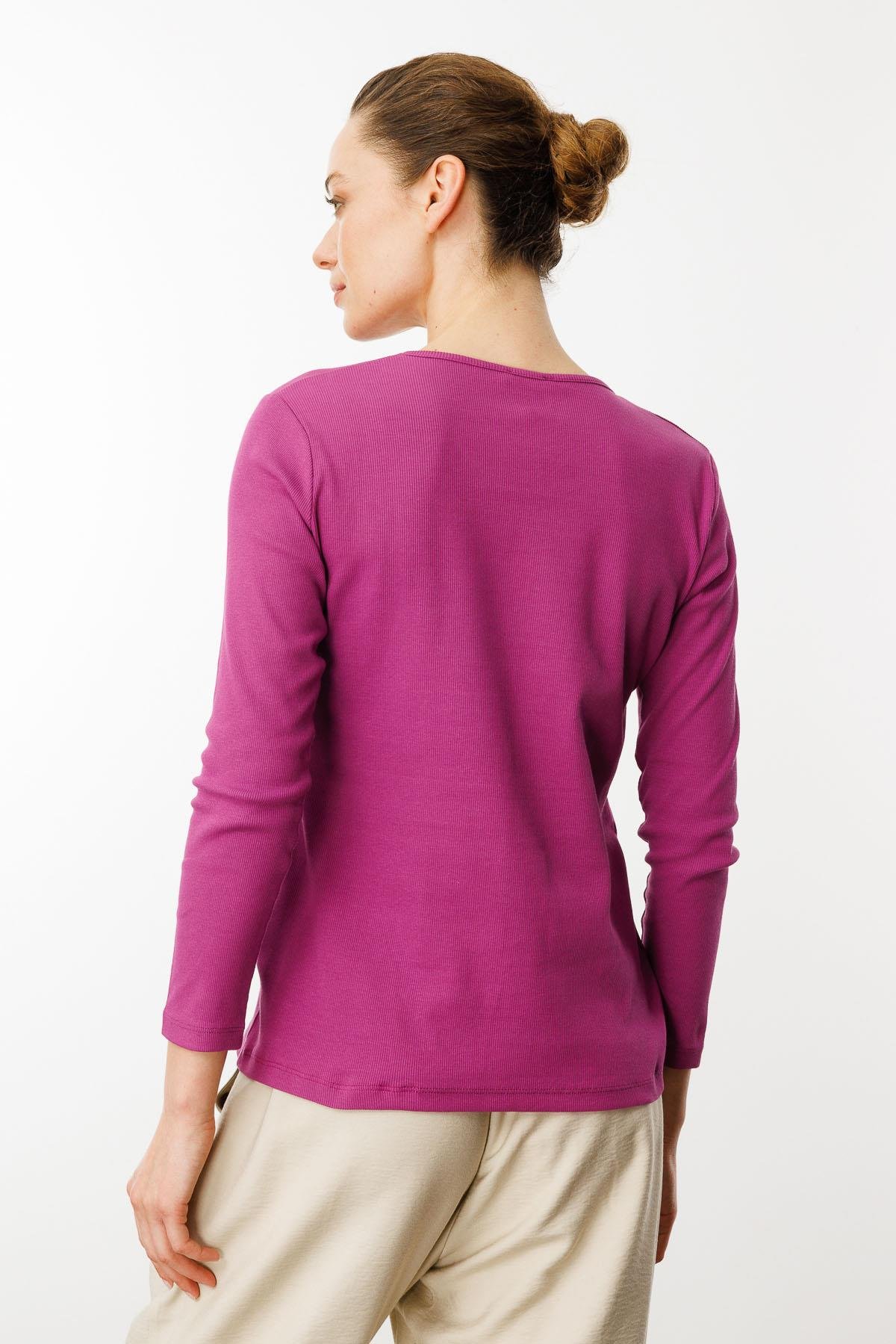 23756Kadın Sıfır Yaka Uzun Kol Basic Pamuklu Bluz Sıklamen