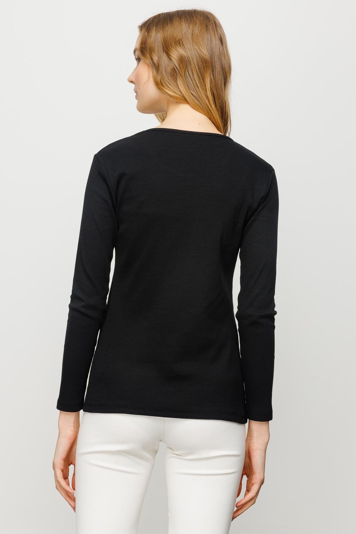 23756Kadın Sıfır Yaka Uzun Kol Basic Pamuklu Bluz Siyah