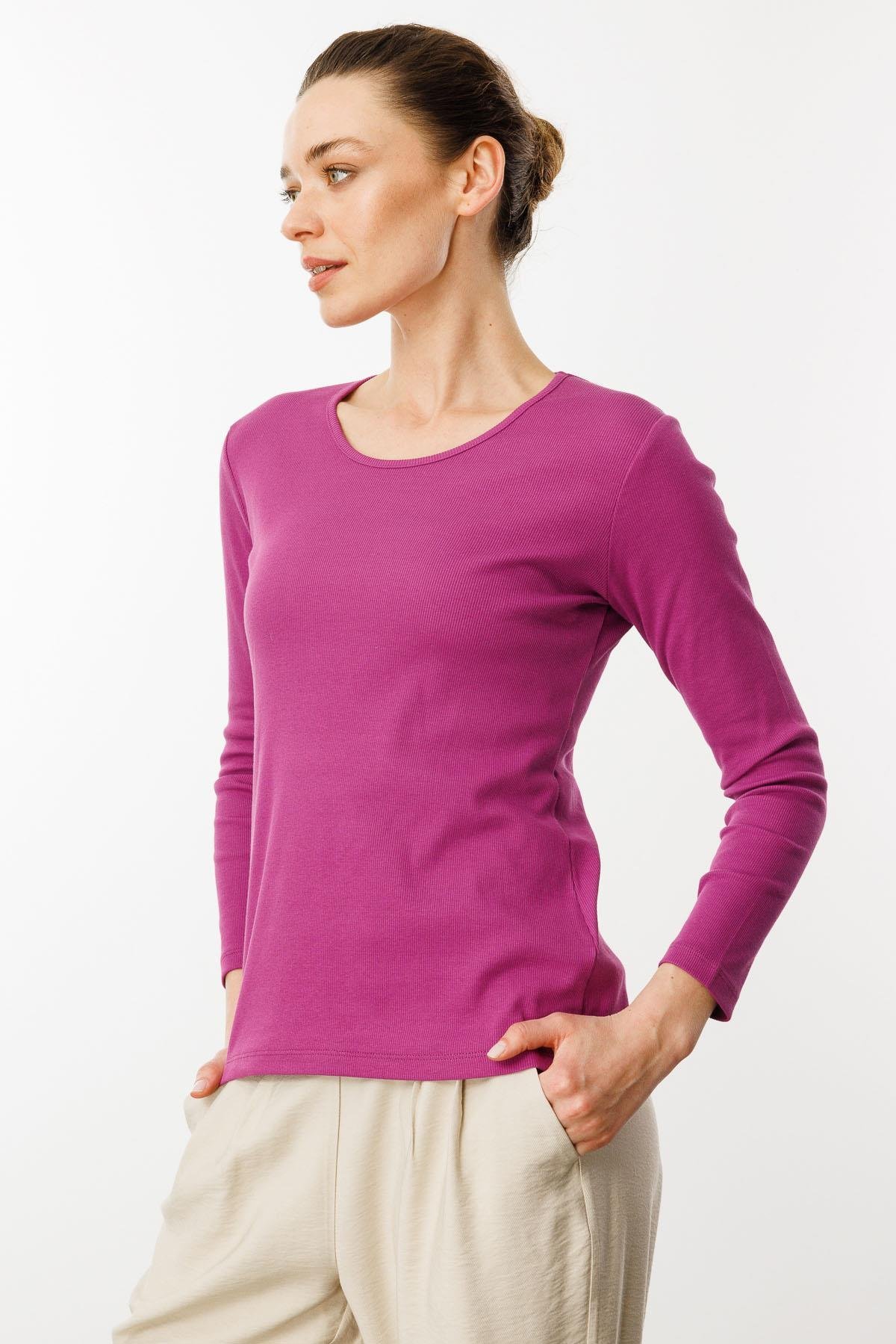 23756Kadın Sıfır Yaka Uzun Kol Basic Pamuklu Bluz Sıklamen