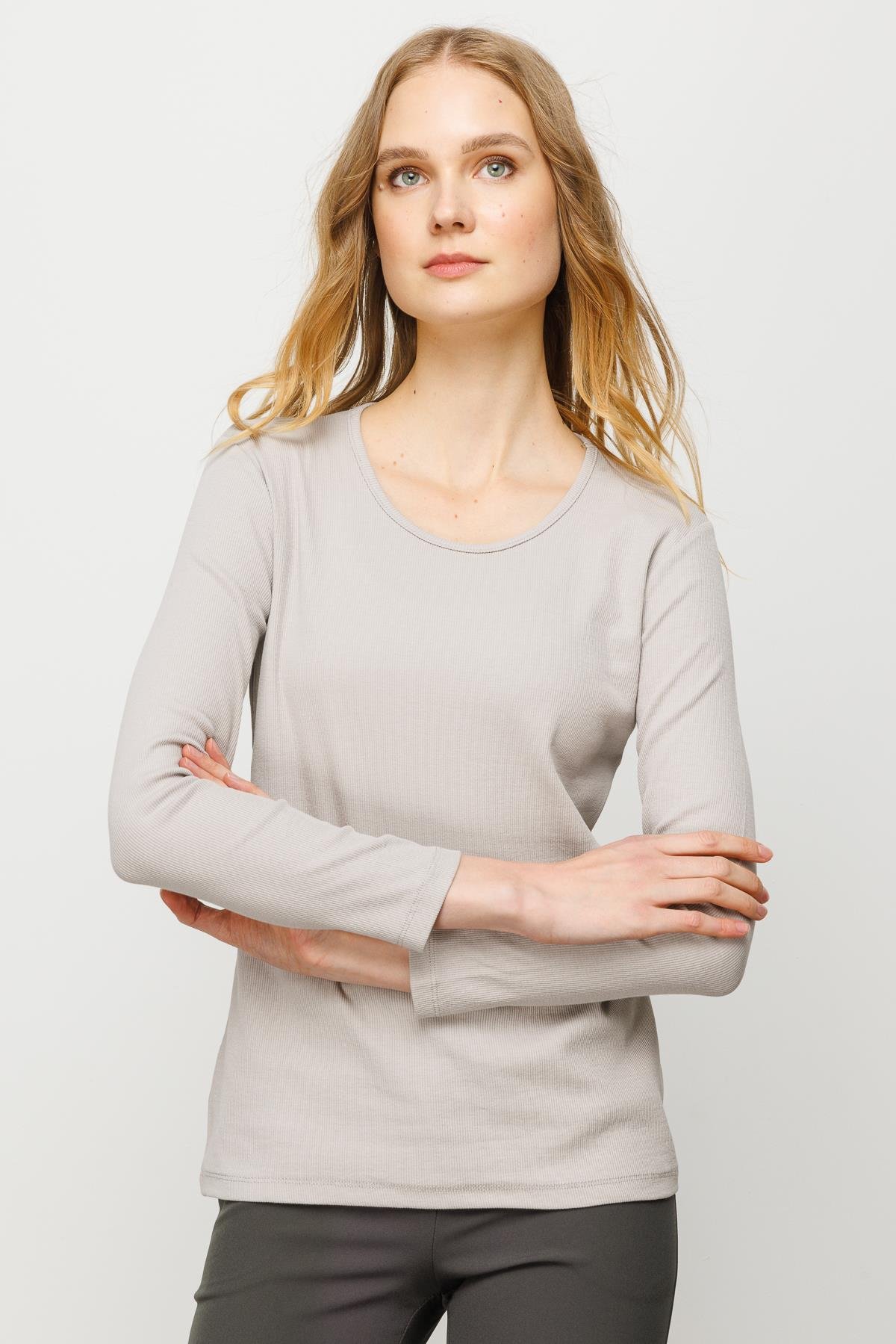 23756Kadın Sıfır Yaka Uzun Kol Basic Pamuklu Bluz Taş