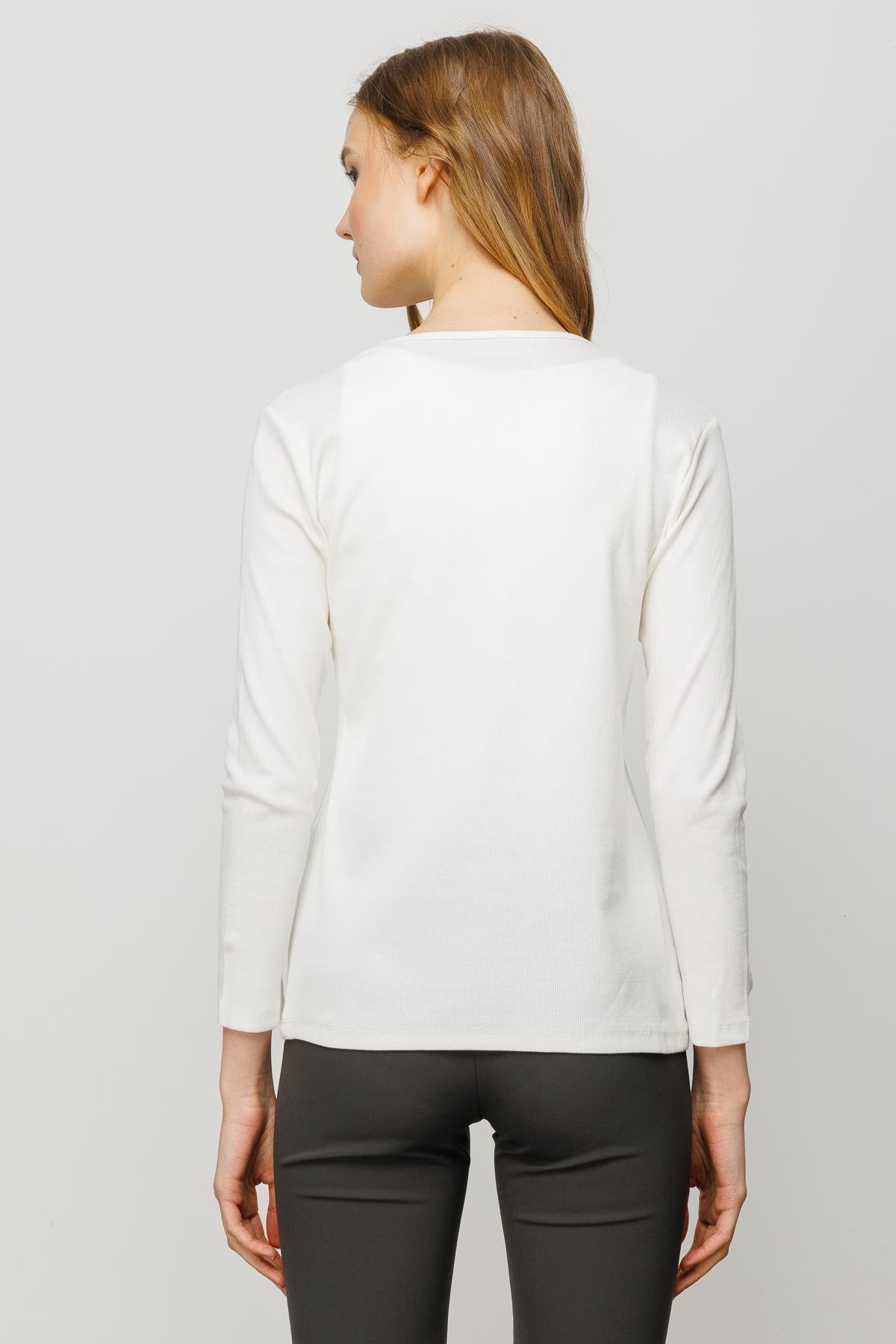 23756Kadın Sıfır Yaka Uzun Kol Basic Pamuklu Bluz Beyaz