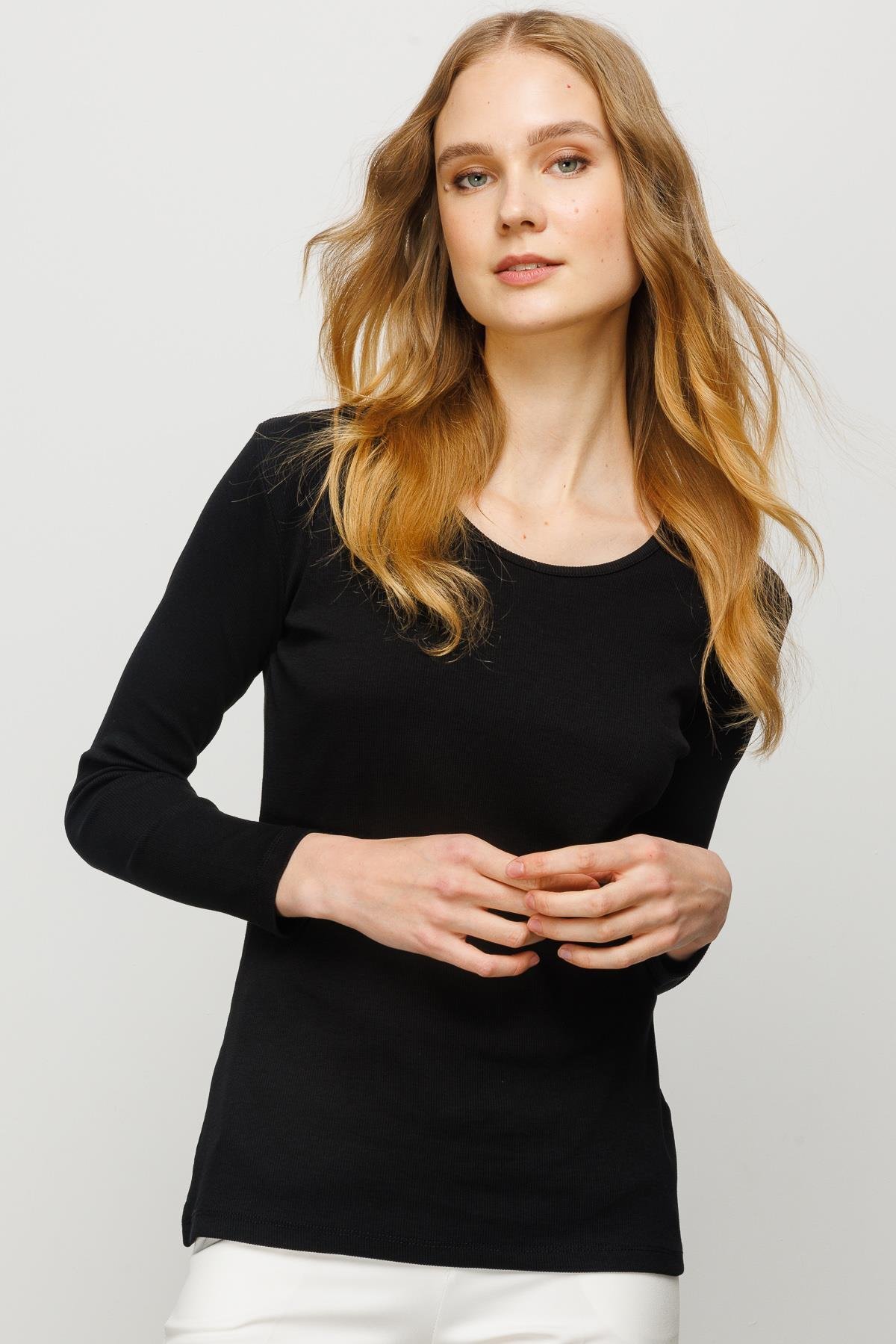 23756Kadın Sıfır Yaka Uzun Kol Basic Pamuklu Bluz Siyah