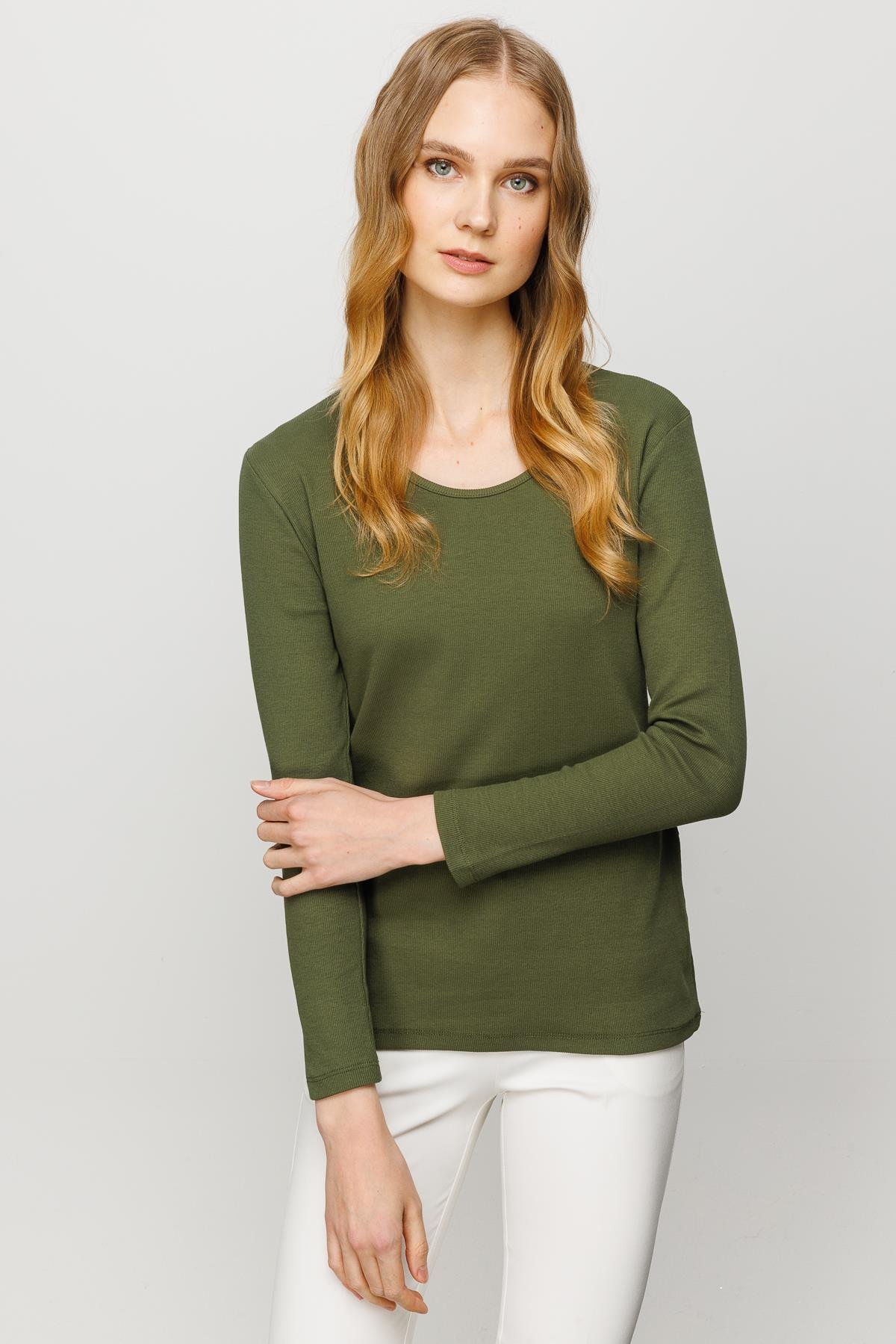 23756Kadın Sıfır Yaka Uzun Kol Basic Pamuklu Bluz Haki