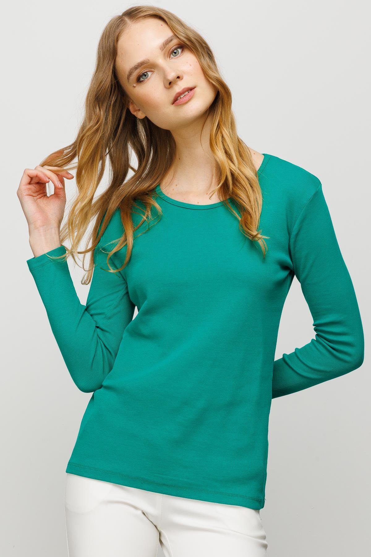 23756Kadın Sıfır Yaka Uzun Kol Basic Pamuklu Bluz Yeşil