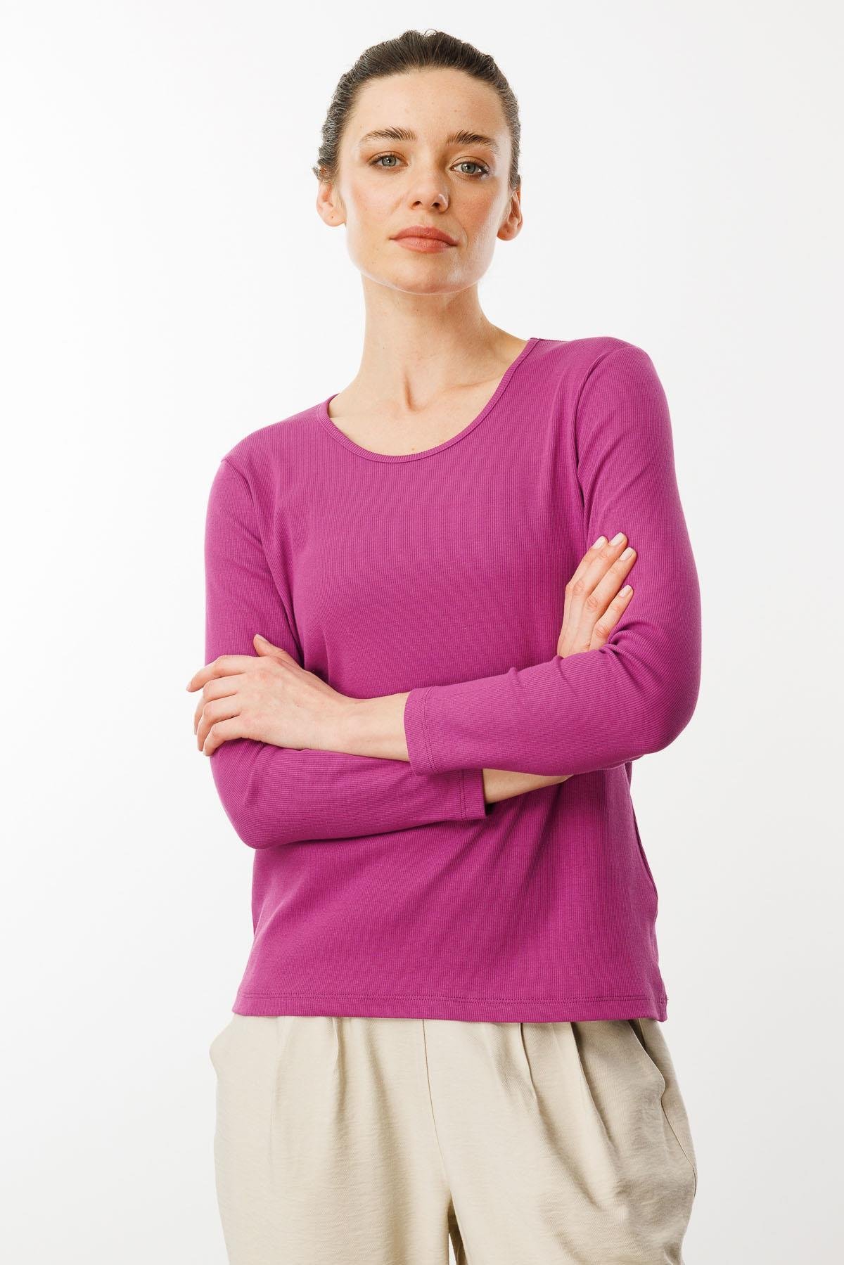 23756Kadın Sıfır Yaka Uzun Kol Basic Pamuklu Bluz Sıklamen