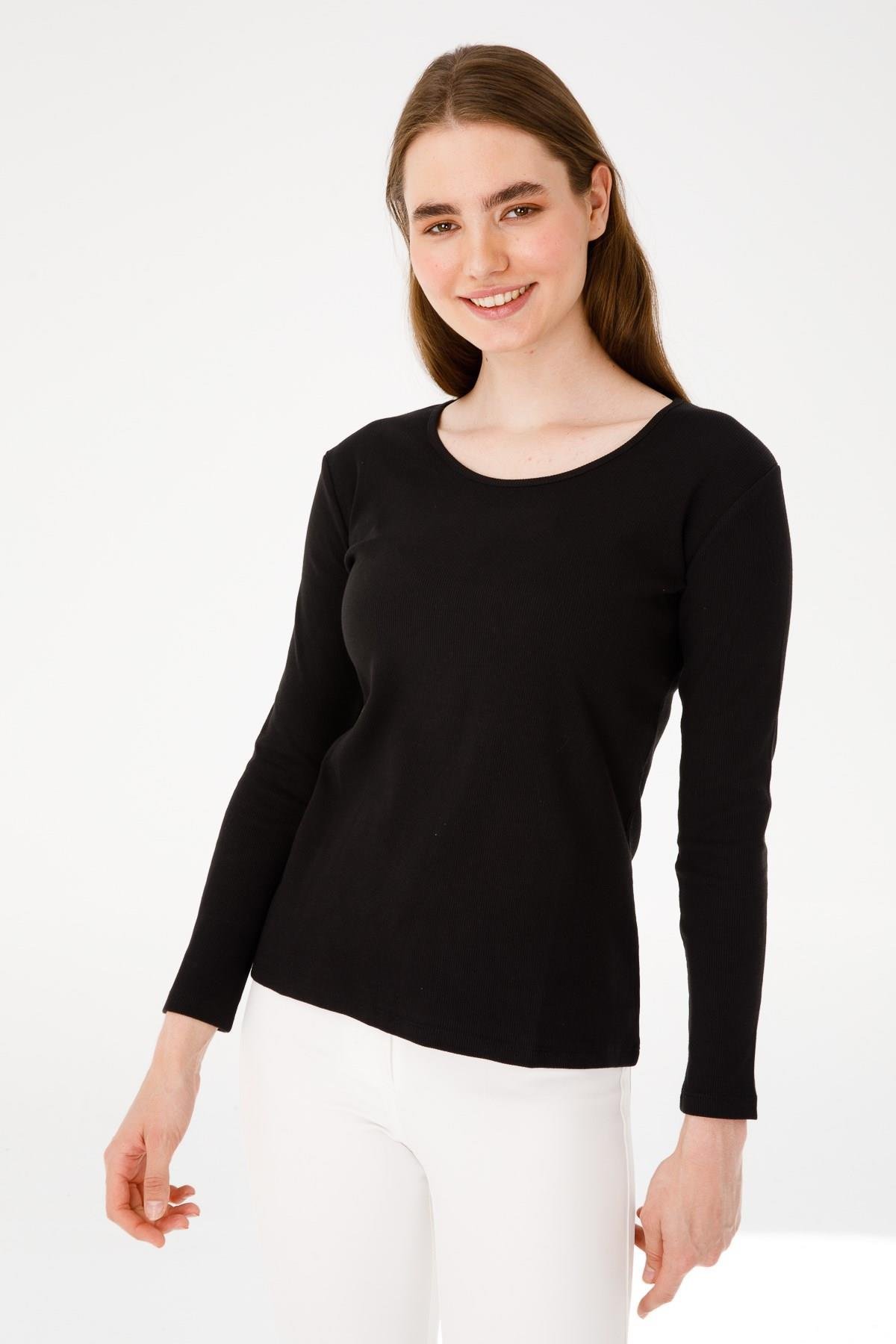 23756Kadın Sıfır Yaka Uzun Kol Basic Pamuklu Bluz Siyah