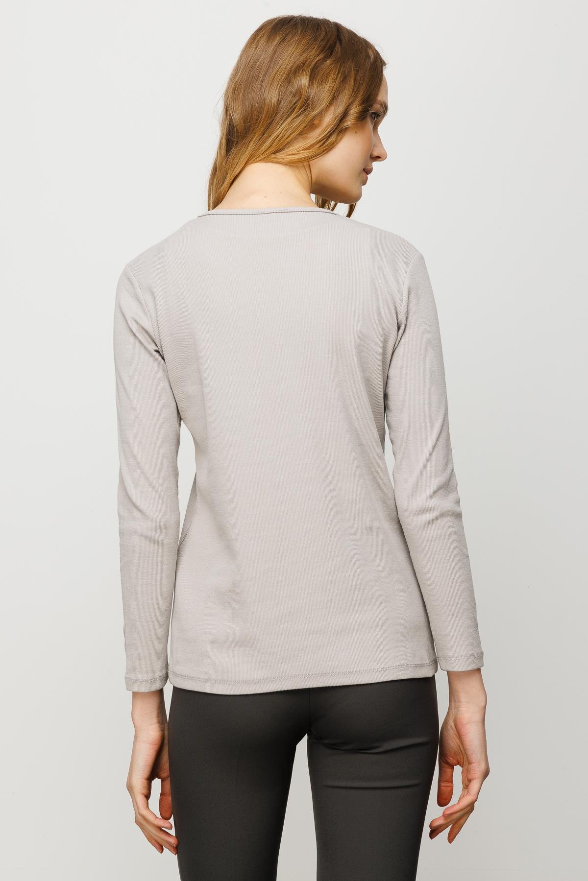 23756Kadın Sıfır Yaka Uzun Kol Basic Pamuklu Bluz Taş