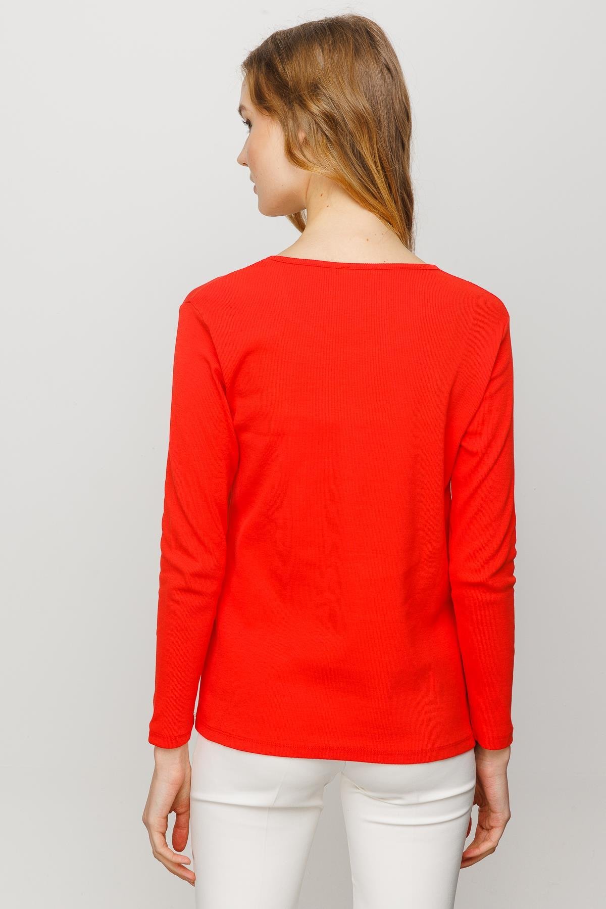 23756Kadın Sıfır Yaka Uzun Kol Basic Pamuklu Bluz Oranj