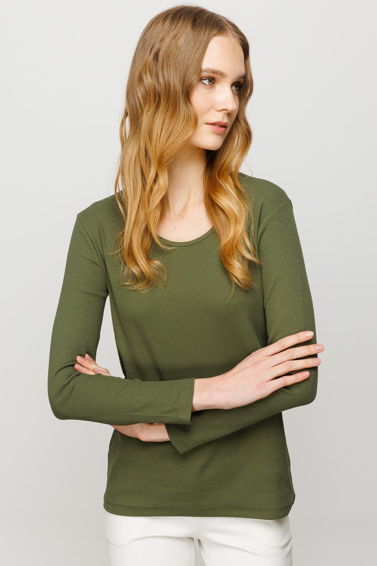 23756Kadın Sıfır Yaka Uzun Kol Basic Pamuklu Bluz Haki