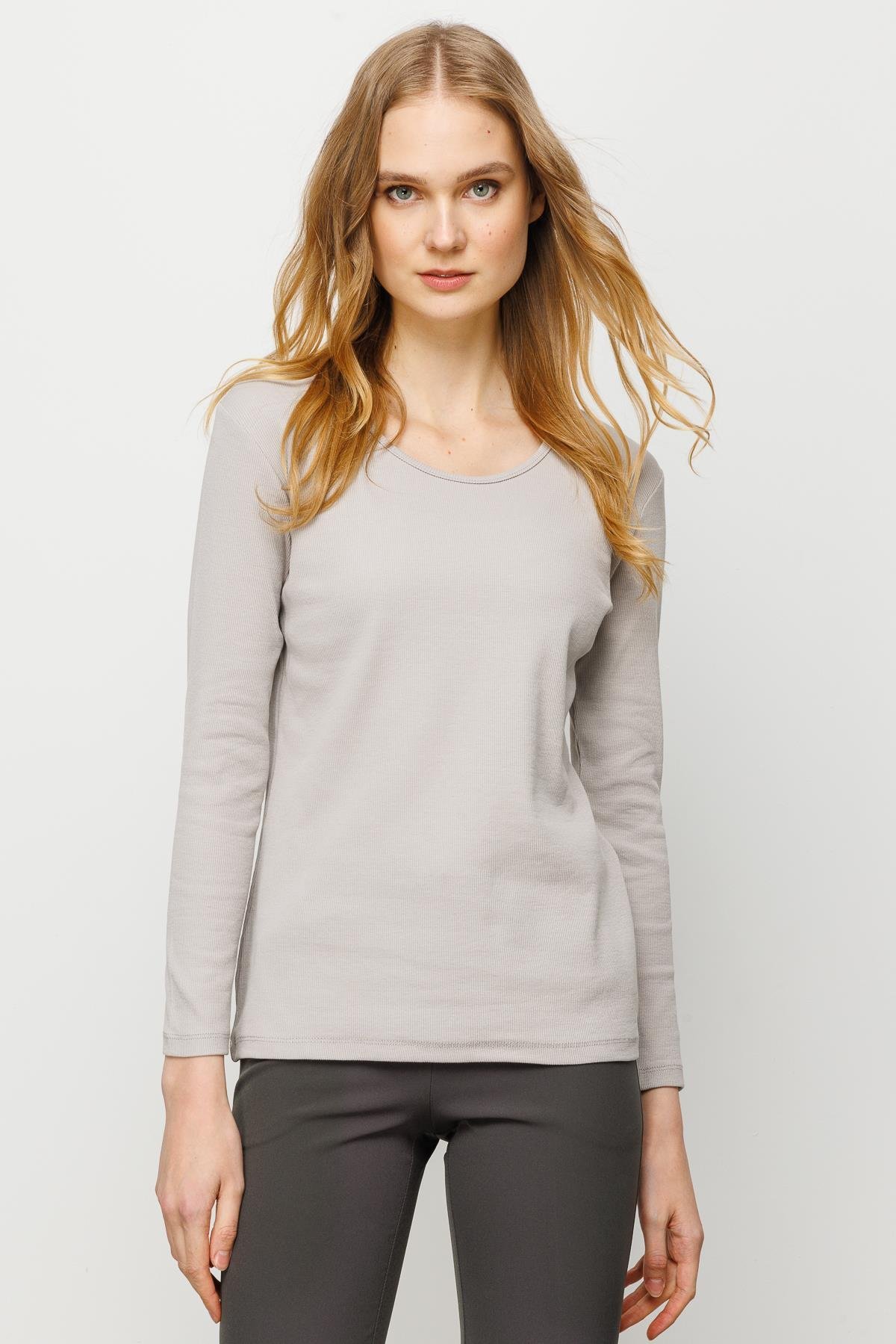 23756Kadın Sıfır Yaka Uzun Kol Basic Pamuklu Bluz Taş