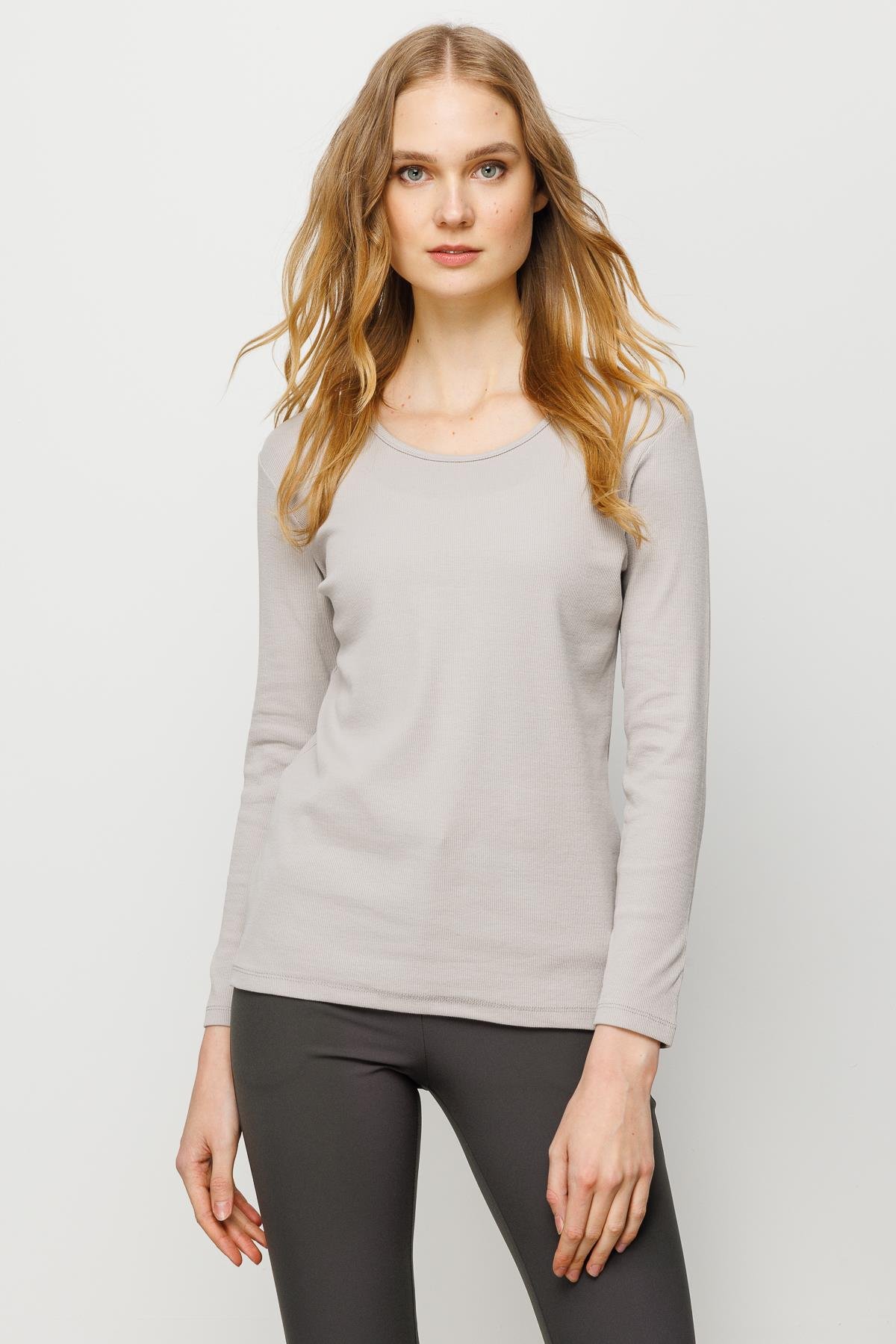 23756Kadın Sıfır Yaka Uzun Kol Basic Pamuklu Bluz Taş