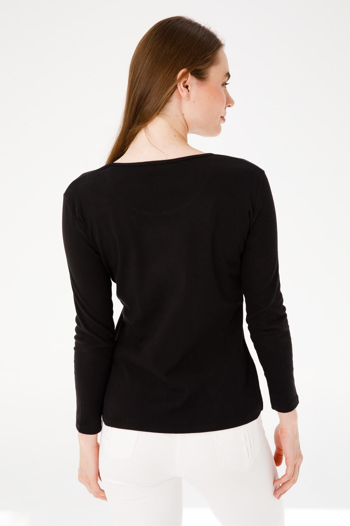 23756Kadın Sıfır Yaka Uzun Kol Basic Pamuklu Bluz Siyah