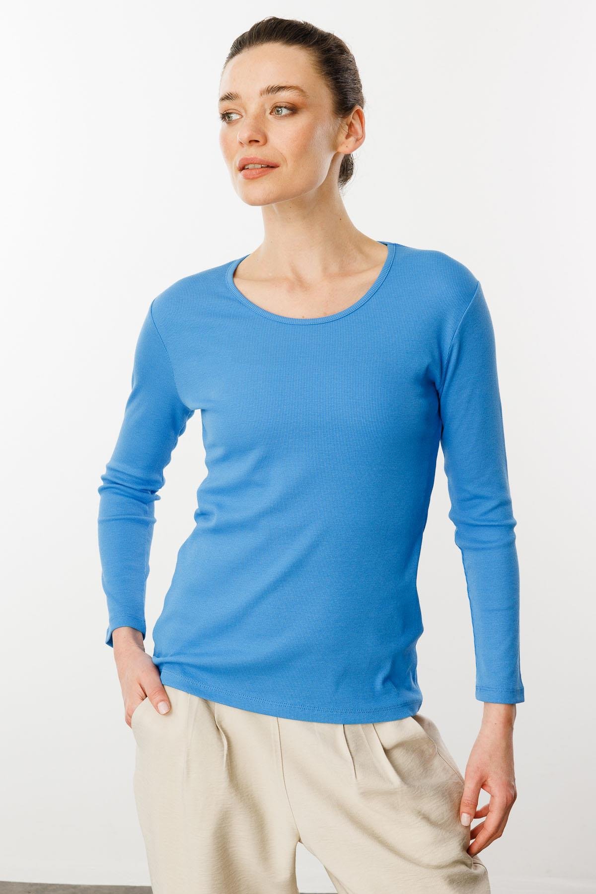 23756Kadın Sıfır Yaka Uzun Kol Basic Pamuklu Bluz Mavi