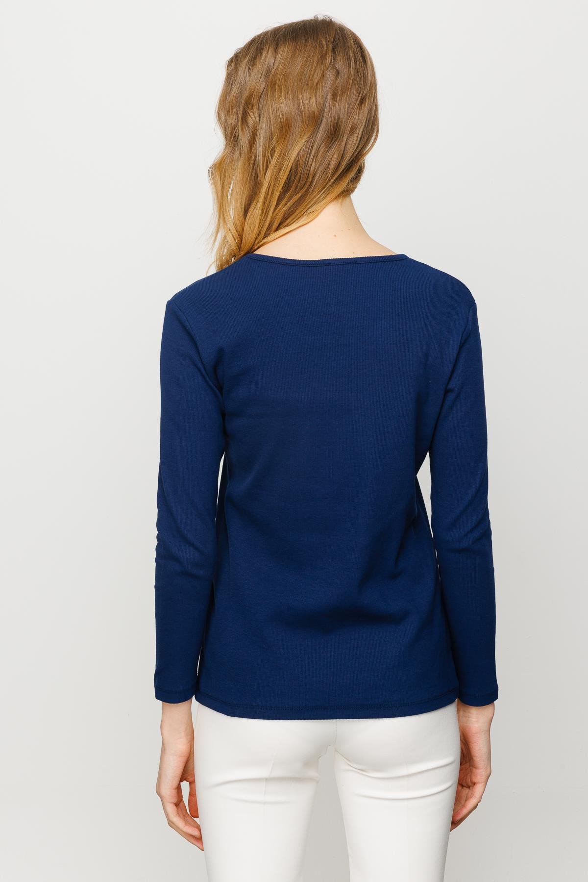 23756Kadın Sıfır Yaka Uzun Kol Basic Pamuklu Bluz Lacivert