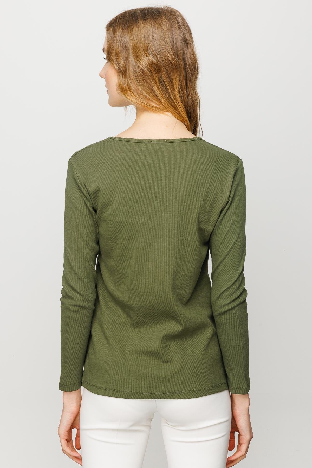 23756Kadın Sıfır Yaka Uzun Kol Basic Pamuklu Bluz Haki