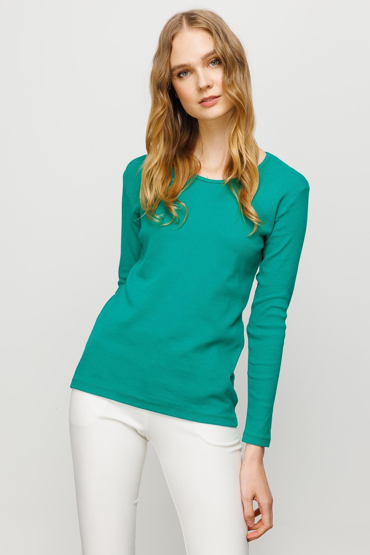 23756Kadın Sıfır Yaka Uzun Kol Basic Pamuklu Bluz Yeşil