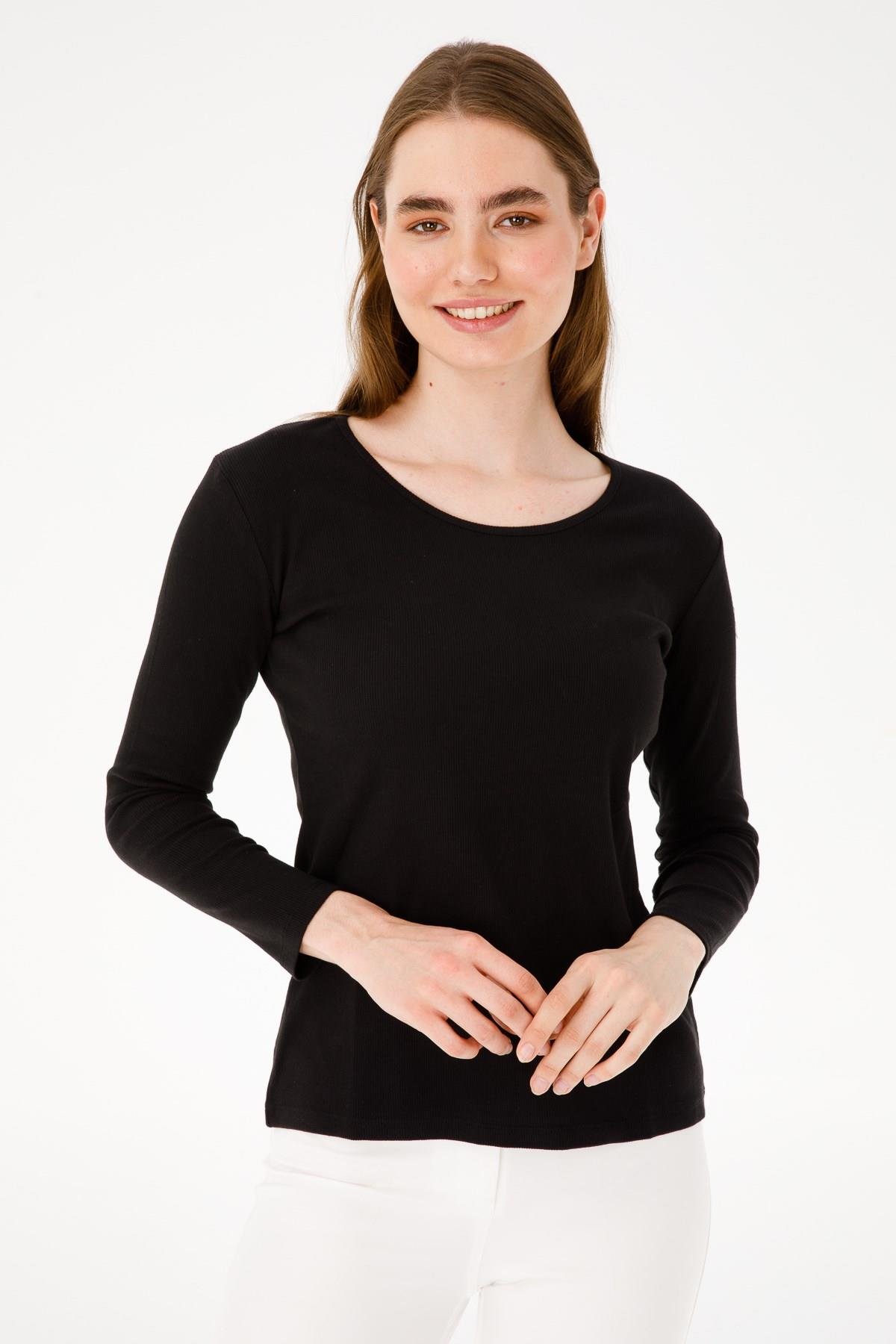 23756Kadın Sıfır Yaka Uzun Kol Basic Pamuklu Bluz Siyah