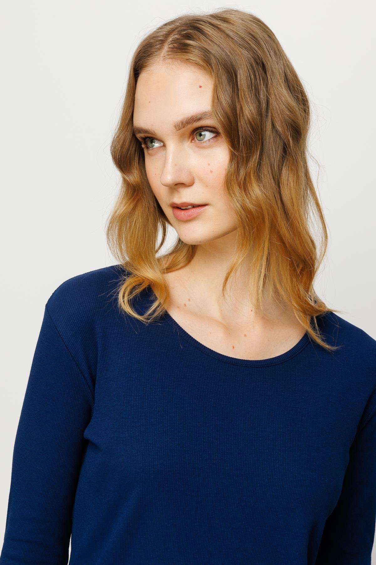 23756Kadın Sıfır Yaka Uzun Kol Basic Pamuklu Bluz Lacivert