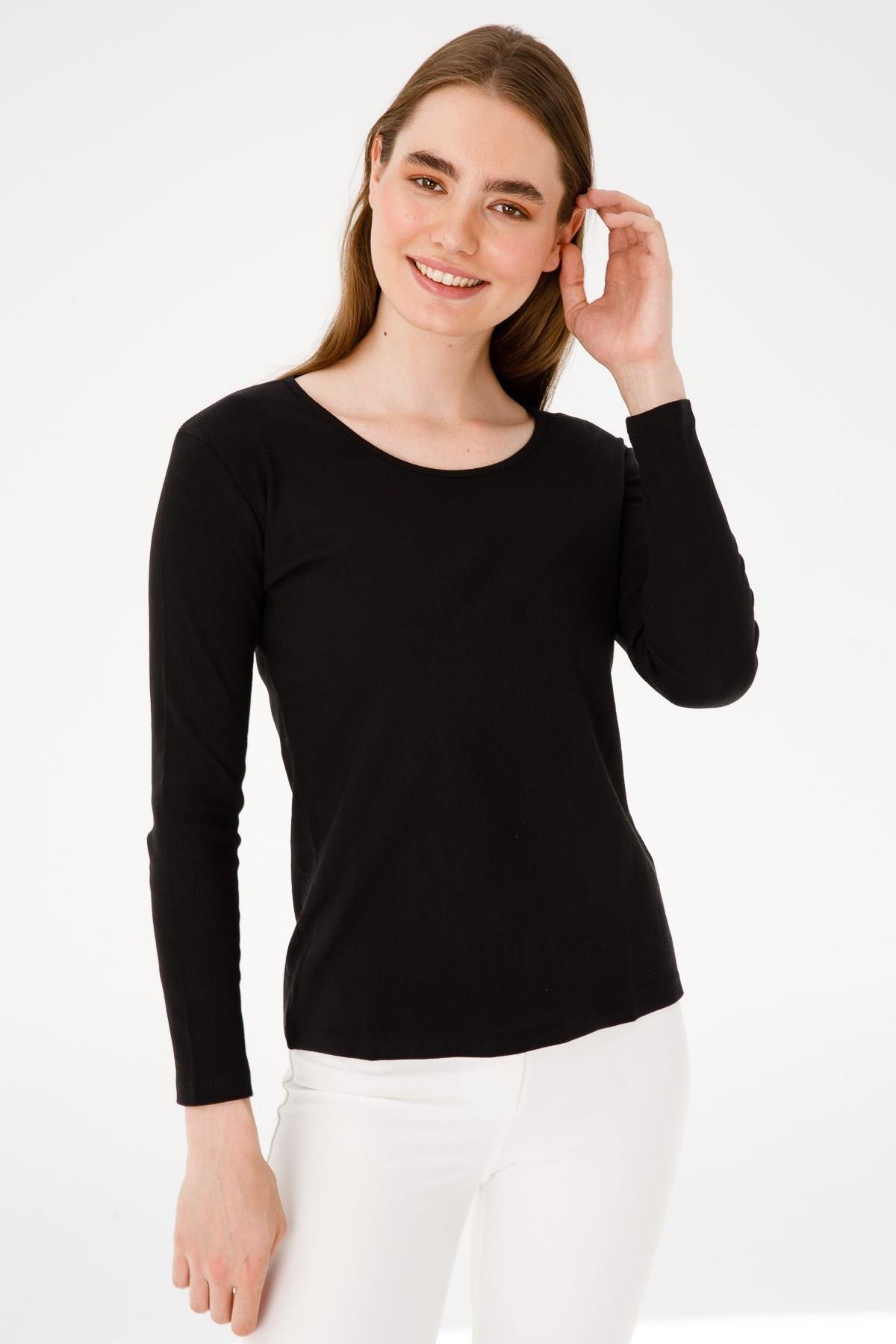 23756Kadın Sıfır Yaka Uzun Kol Basic Pamuklu Bluz Siyah