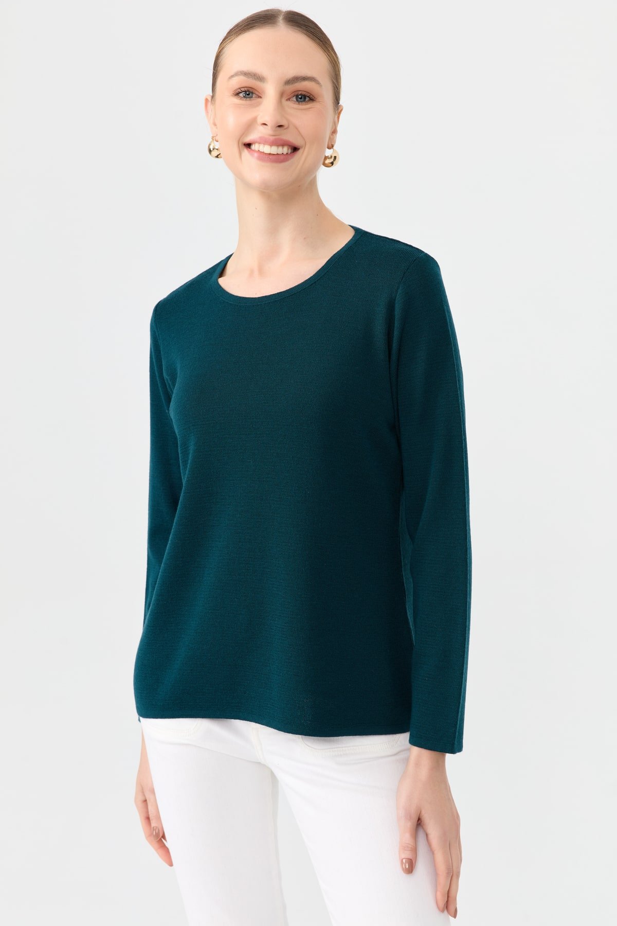 24113Kadın Sıfır Yaka Uzun Kollu Basic Yün Bluz Petrol