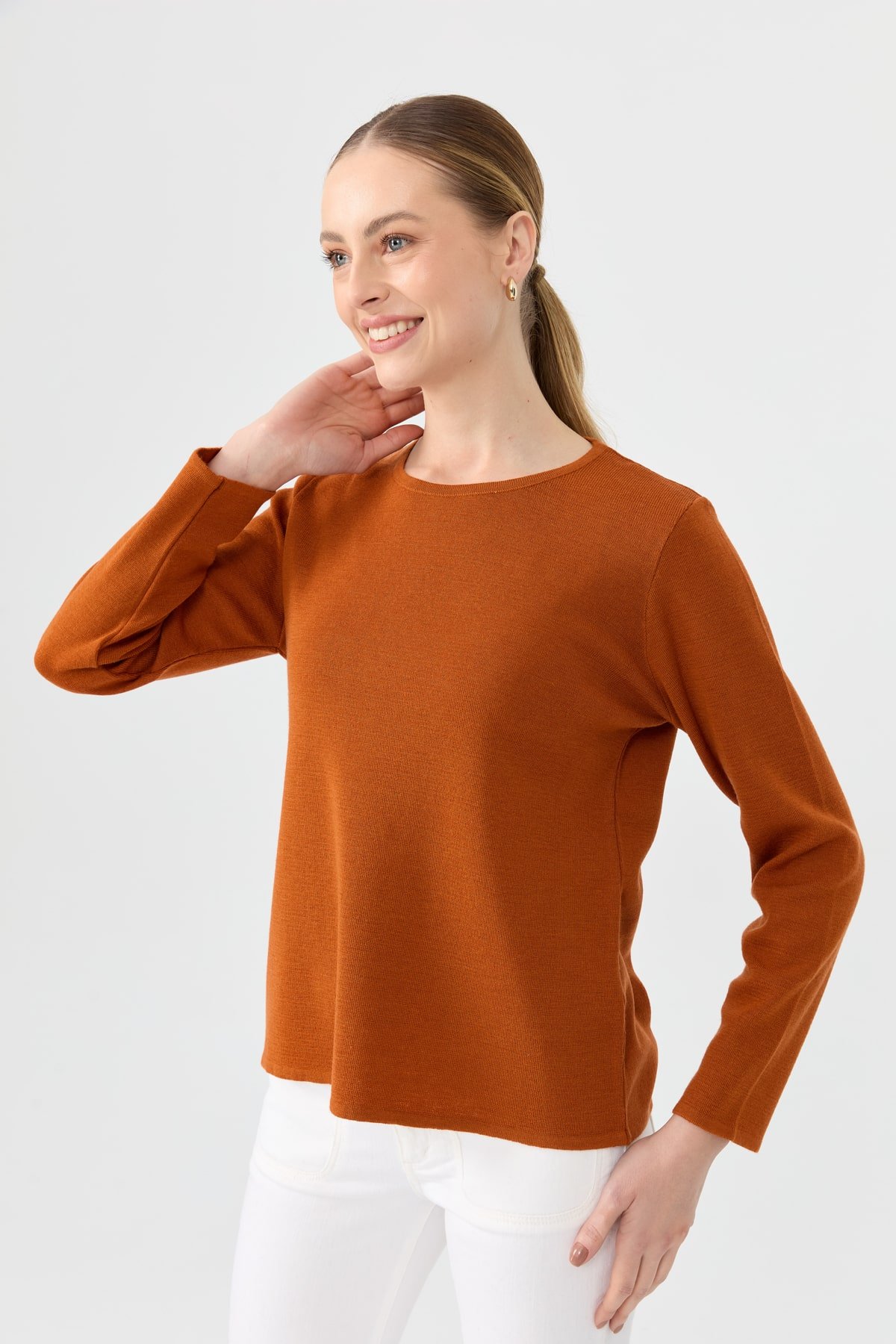 24113Kadın Sıfır Yaka Uzun Kollu Basic Yün Bluz A.Kiremit