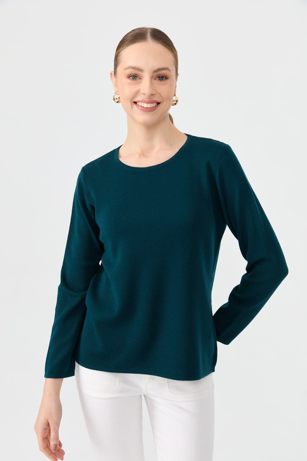 24113Kadın Sıfır Yaka Uzun Kollu Basic Yün Bluz Petrol