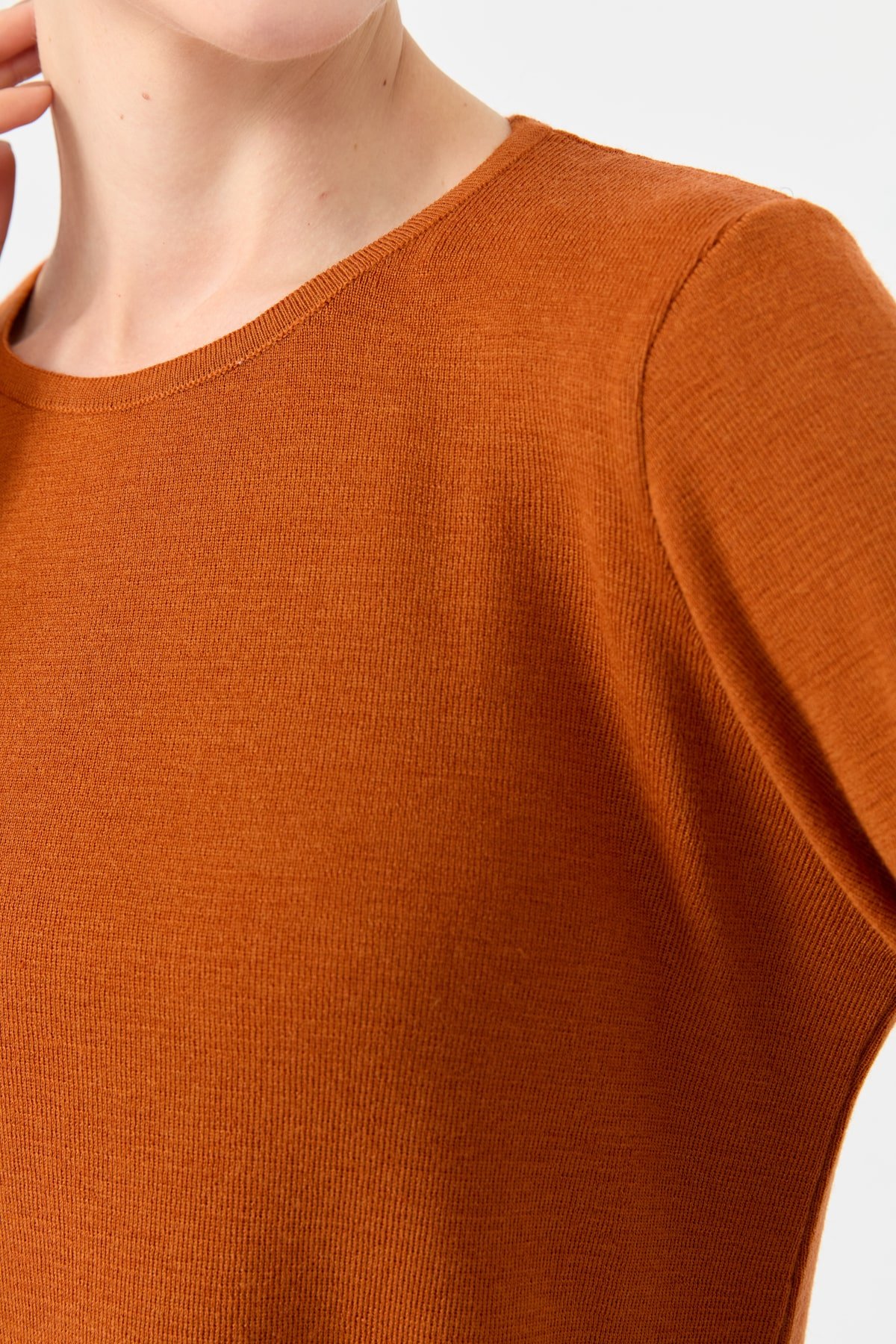 24113Kadın Sıfır Yaka Uzun Kollu Basic Yün Bluz A.Kiremit