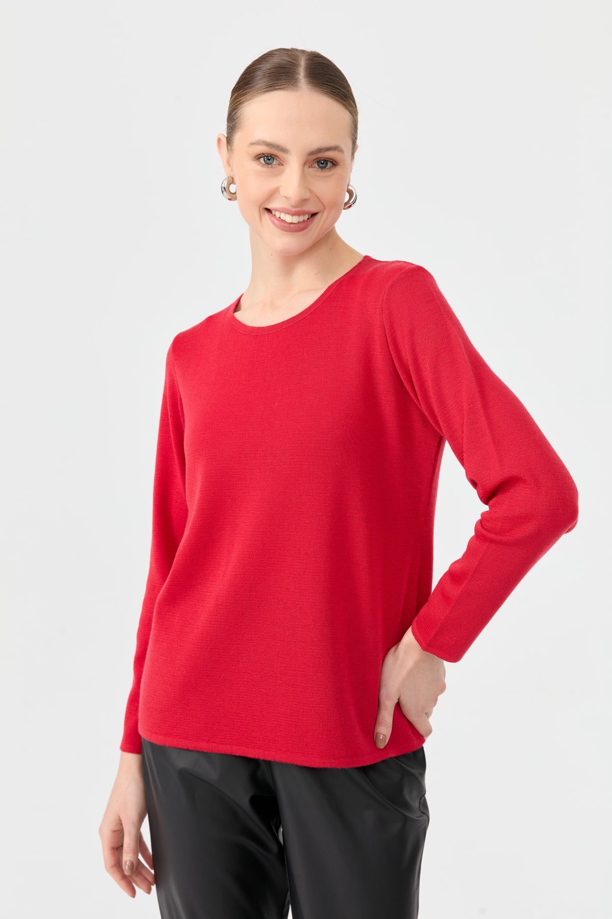 24113Kadın Sıfır Yaka Uzun Kollu Basic Yün Bluz A.Kırmızı