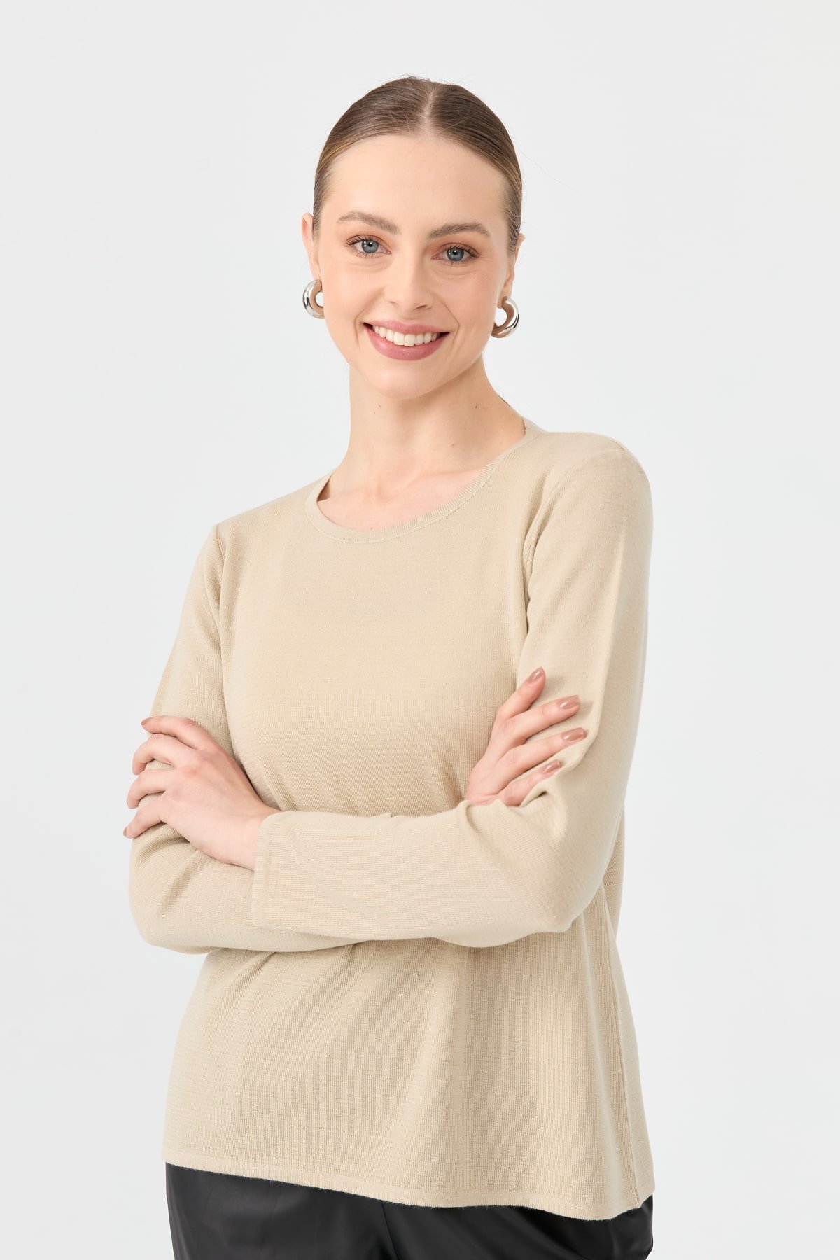 24113Kadın Sıfır Yaka Uzun Kollu Basic Yün Bluz M.Bej