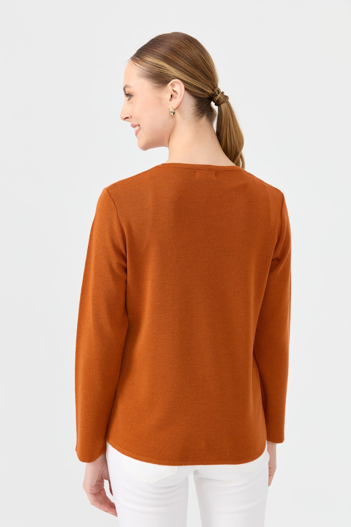 24113Kadın Sıfır Yaka Uzun Kollu Basic Yün Bluz A.Kiremit